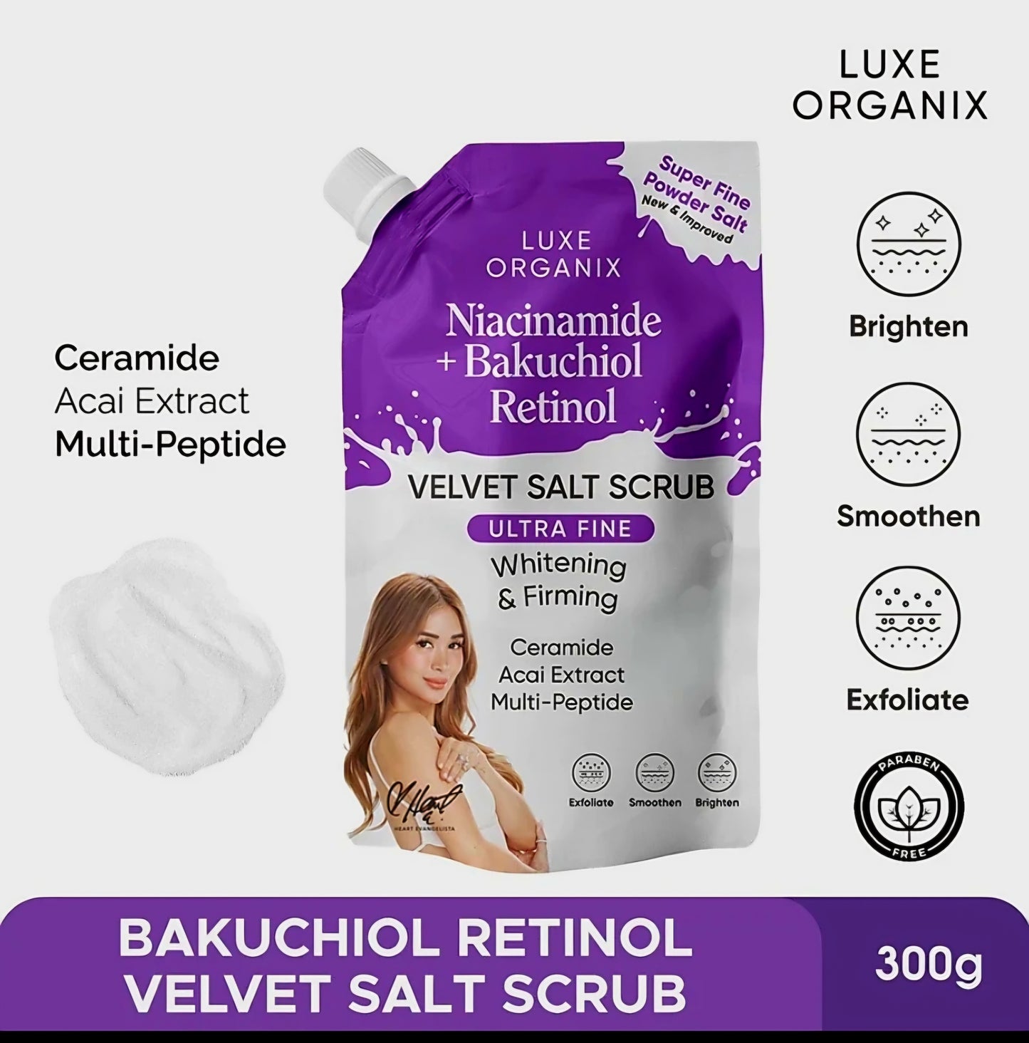Luxe Organix NIACINAMIDE + BAKUCHIOL RETINOL Velvet Salt Scrub Ultra Fine 300g