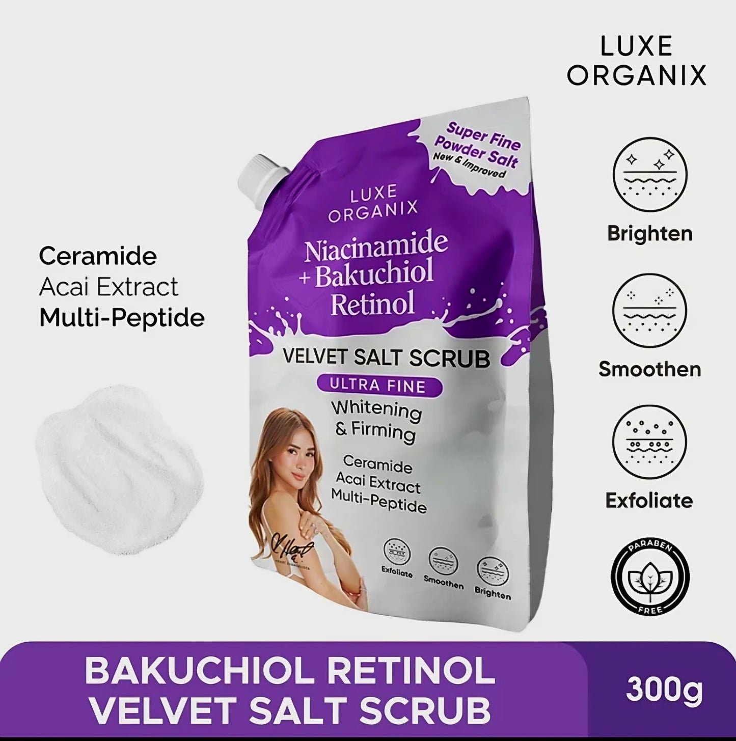 Luxe Organix NIACINAMIDE + BAKUCHIOL RETINOL Velvet Salt Scrub Ultra Fine 300g