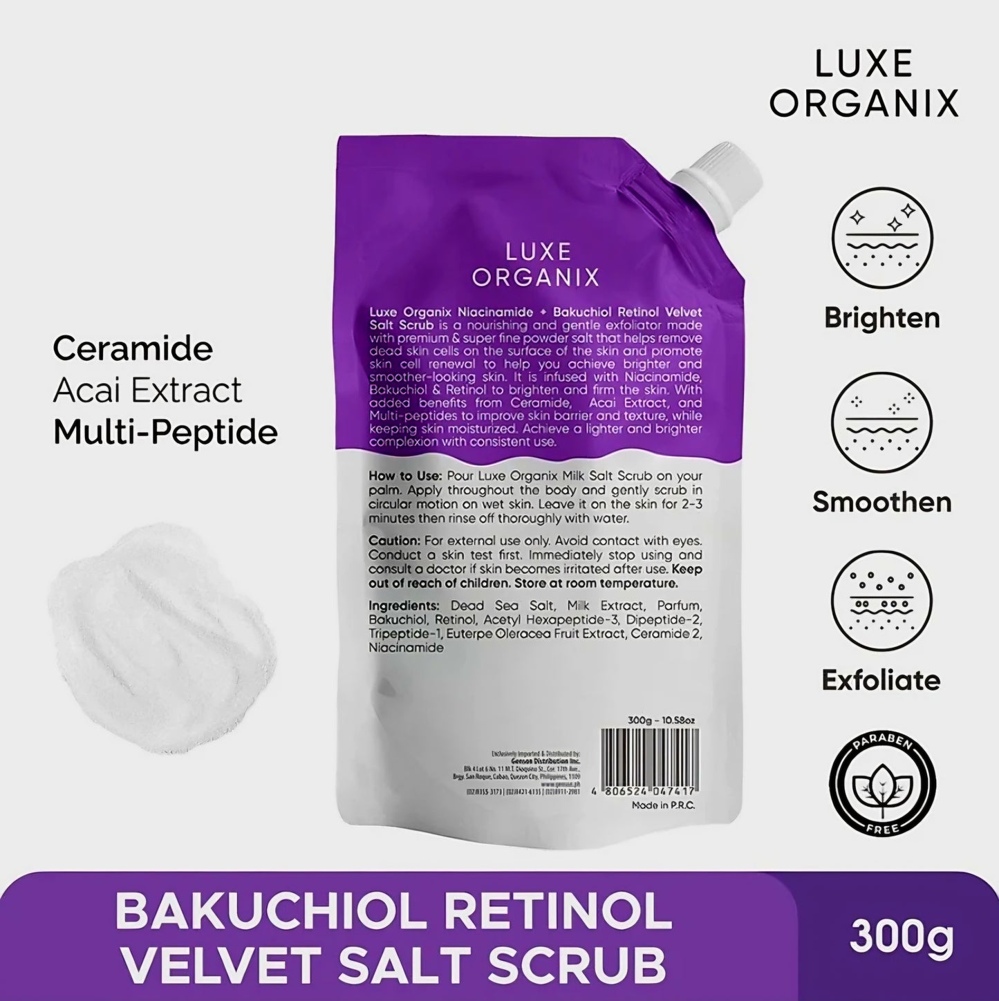 Luxe Organix NIACINAMIDE + BAKUCHIOL RETINOL Velvet Salt Scrub Ultra Fine 300g
