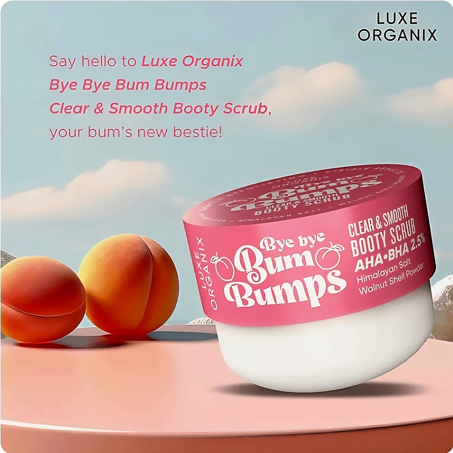 Luxe Organix BYE BYE BUM BUMPS Clear & Smooth BOOTY SCRUB 285g (PINK)