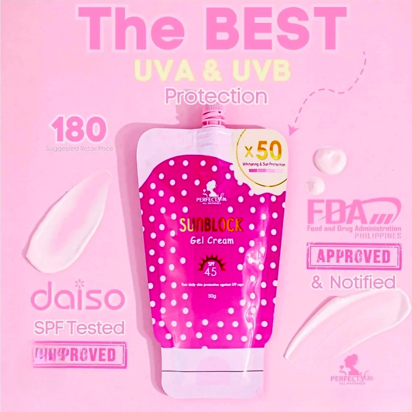 Perfect Skin SUNBLOCK GEL CREAM x50 Whitening & Sun Protection SPF45 50g (Resealable Cap)