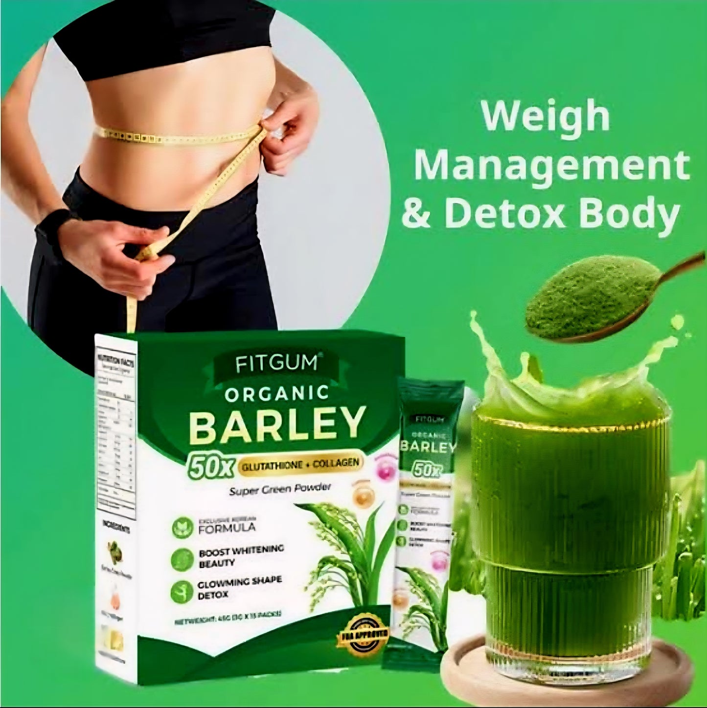 FITGUM Organic Barley 50x Glutathione + Collagen 3g×15sachets (45g)
