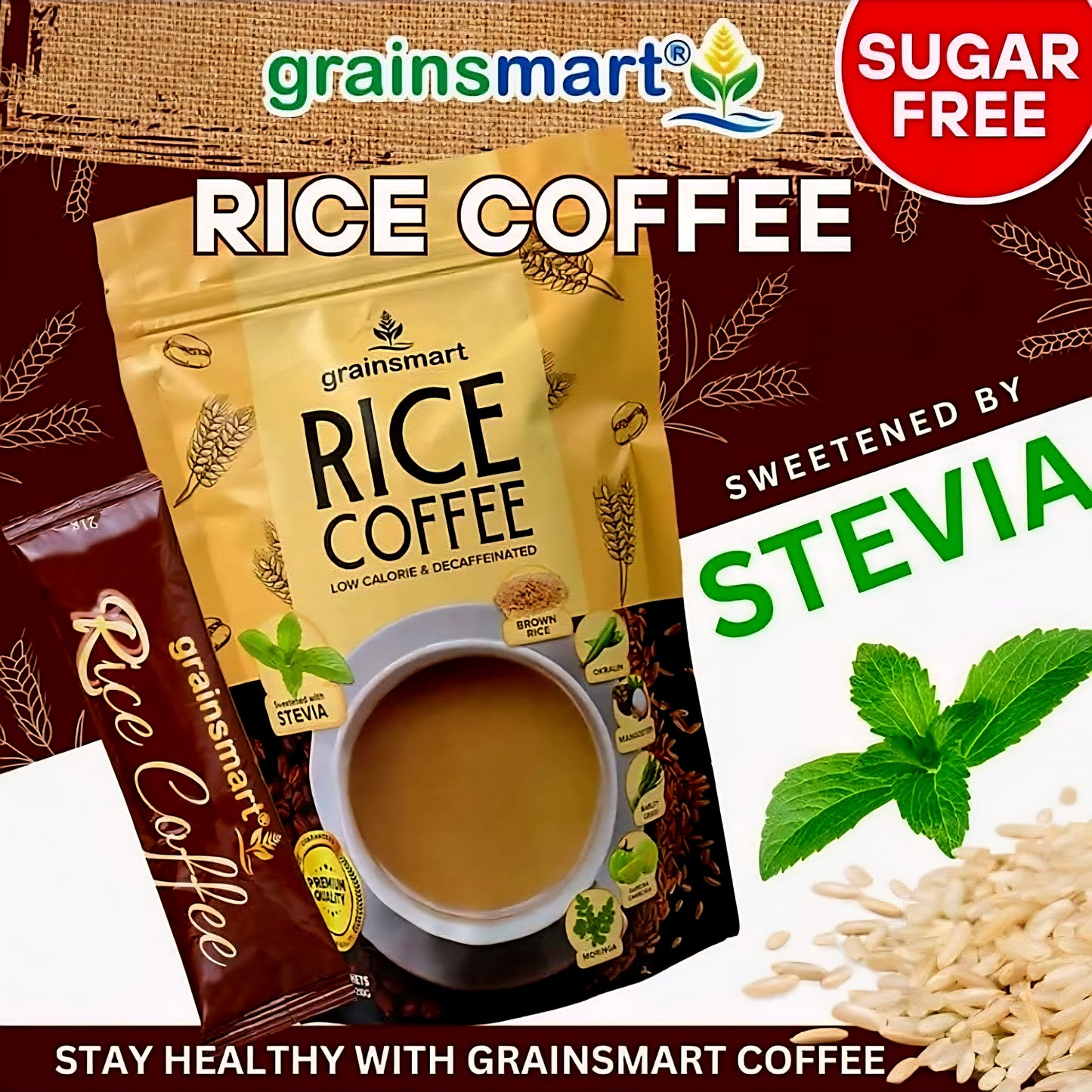 Grainsmart NO-SUGAR BROWN RICE COFFEE Mix (Low-Calorie, Decaffenated, Non-Acidic) 21g×10sachets
