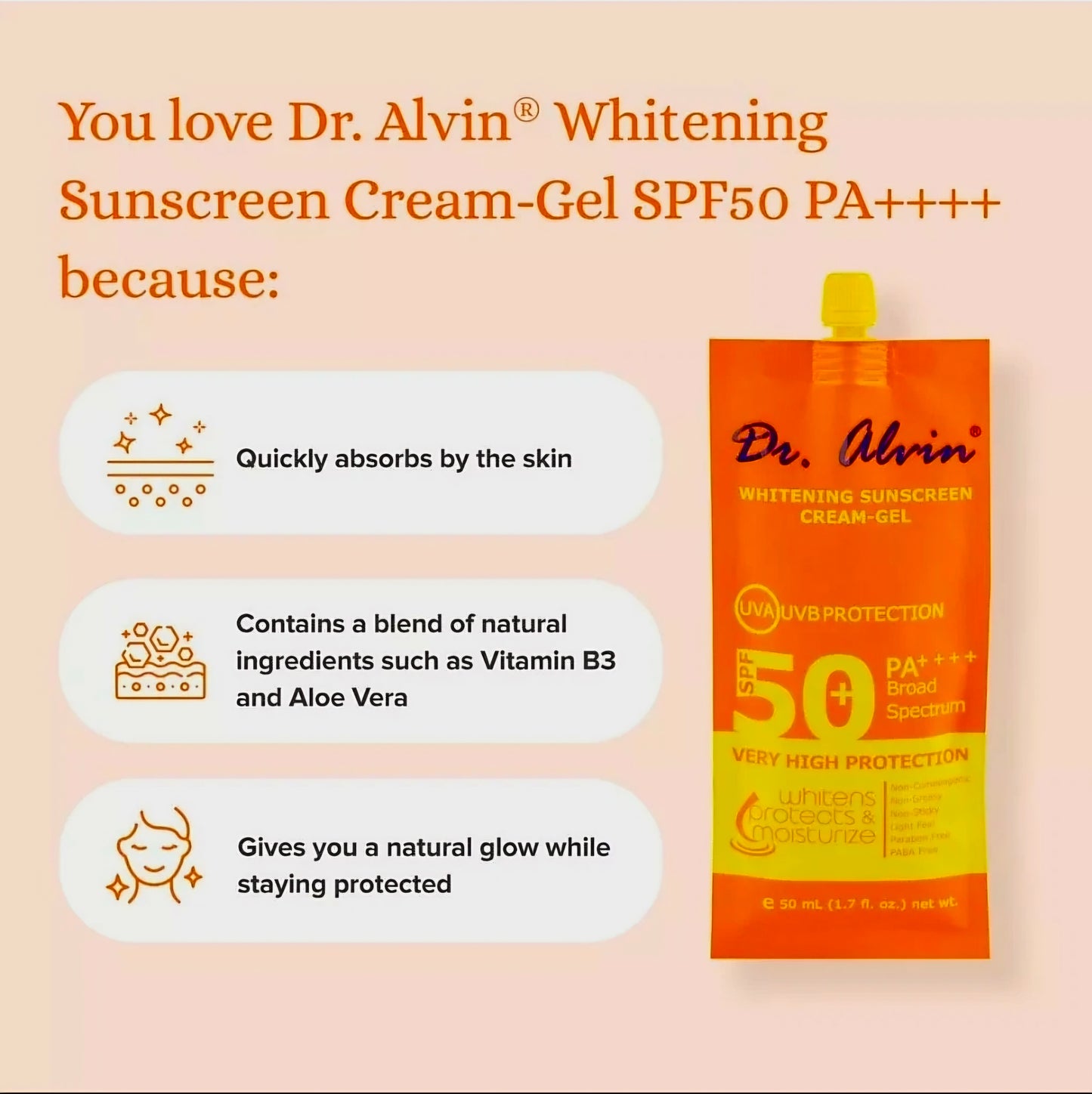 DR.ALVIN WHITENING SUNSCREEN CREAM-GEL SPF50 PA++++ 50G