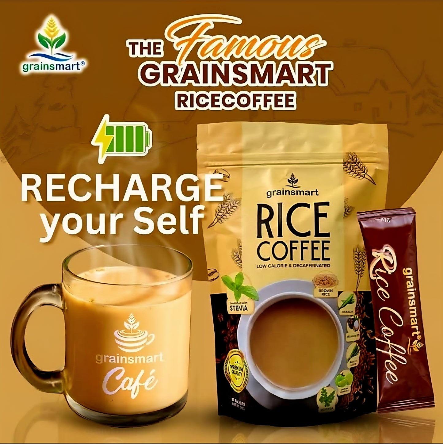 Grainsmart NO-SUGAR BROWN RICE COFFEE Mix (Low-Calorie, Decaffenated, Non-Acidic) 21g×10sachets