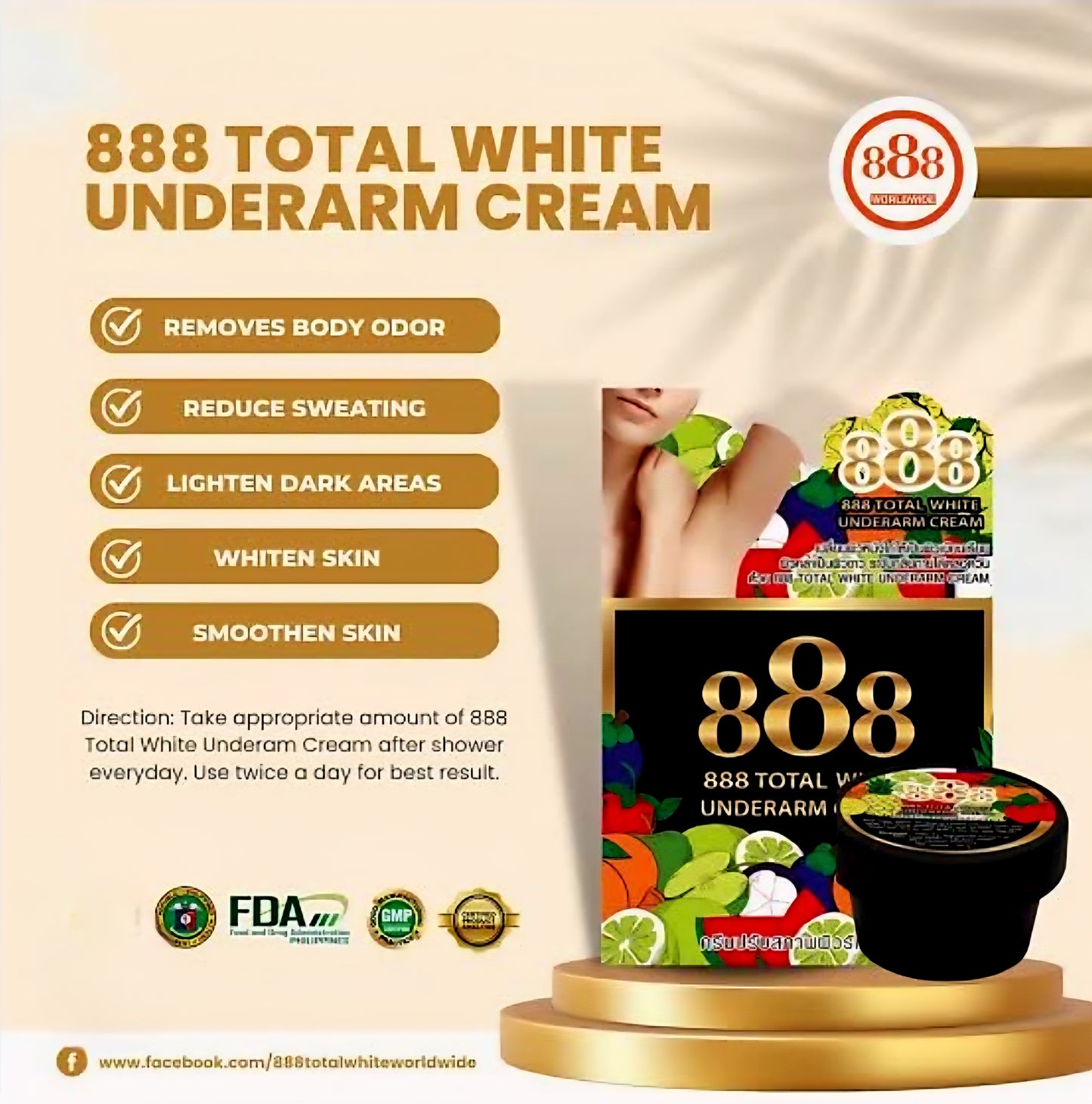 888 Total White UNDERARM WHITENING CREAM (BLACK) Concentrated Formula 50g