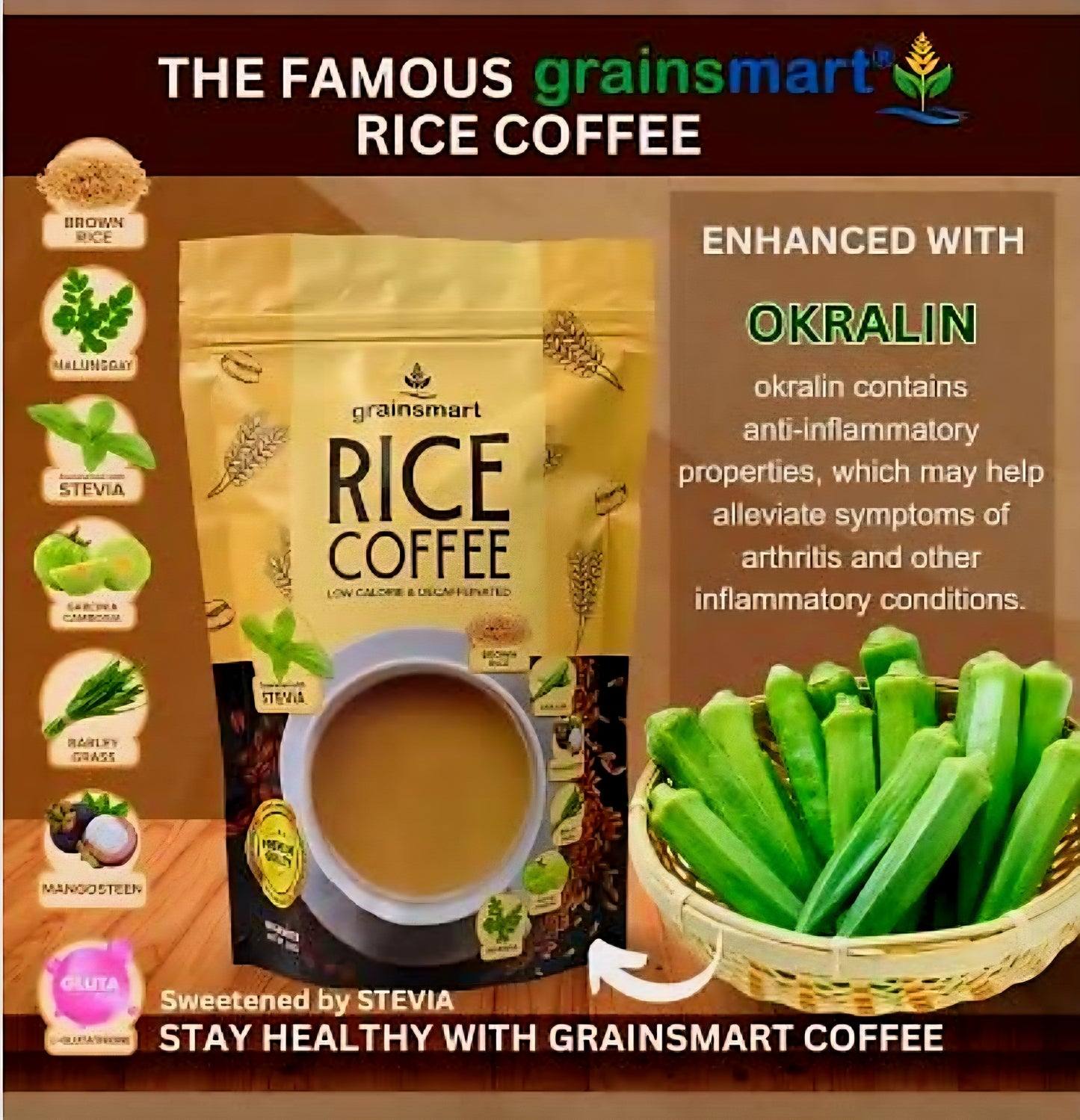 Grainsmart NO-SUGAR BROWN RICE COFFEE Mix (Low-Calorie, Decaffenated, Non-Acidic) 21g×10sachets