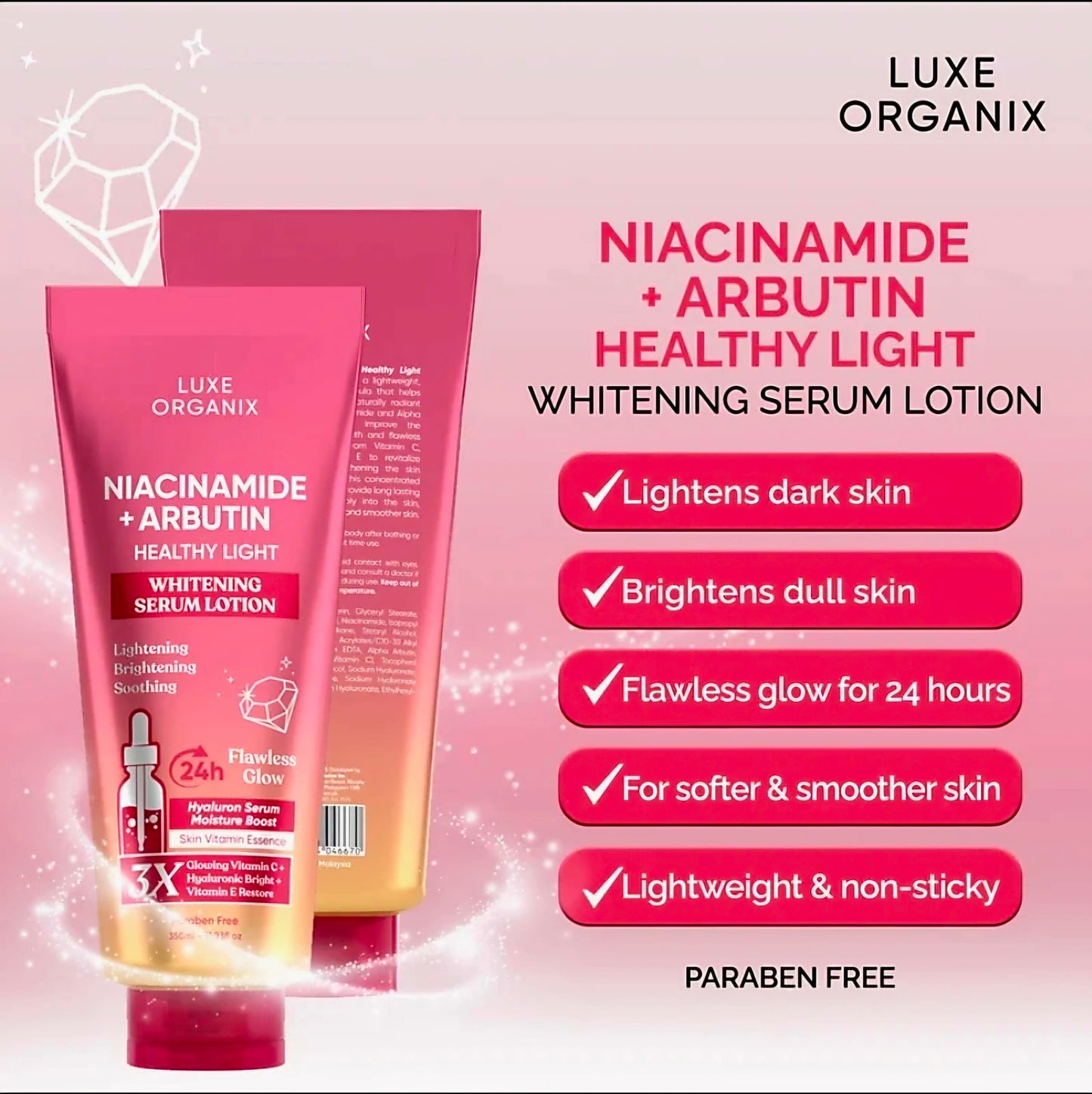 Luxe Organix NIACINAMIDE + ARBUTIN Healthy Light Whitening Serum Lotion 350ml