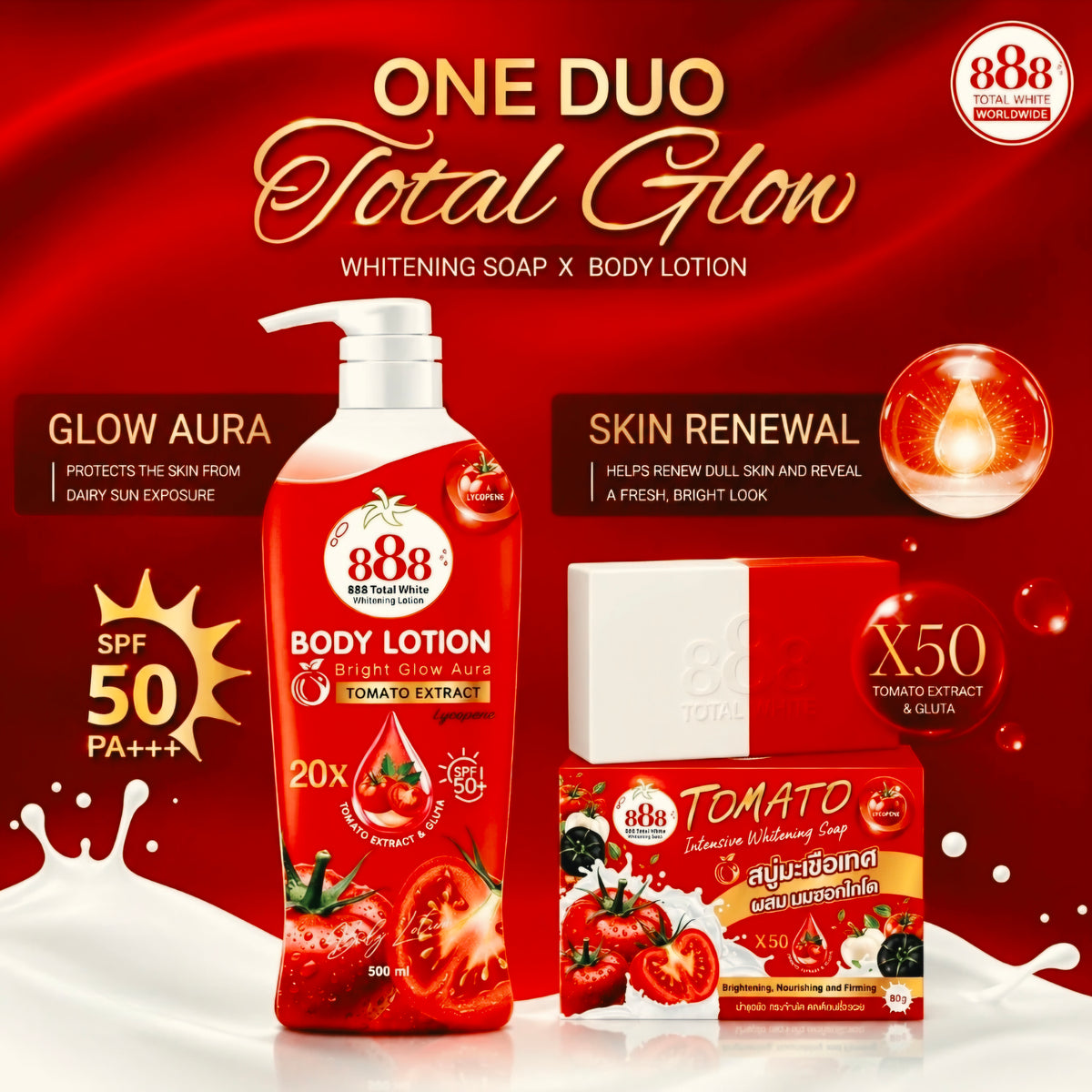 888 TOMATO BRIGHT GLOW AURA 20X WHITENING BODY LOTION 500ML