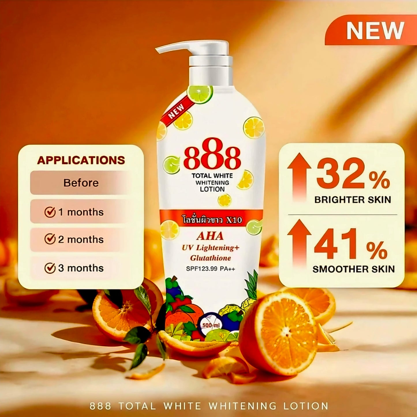 888 Total White Whitening Lotion AHA UV Lightening + Glutathione SPF123.99 PA++ 500ml