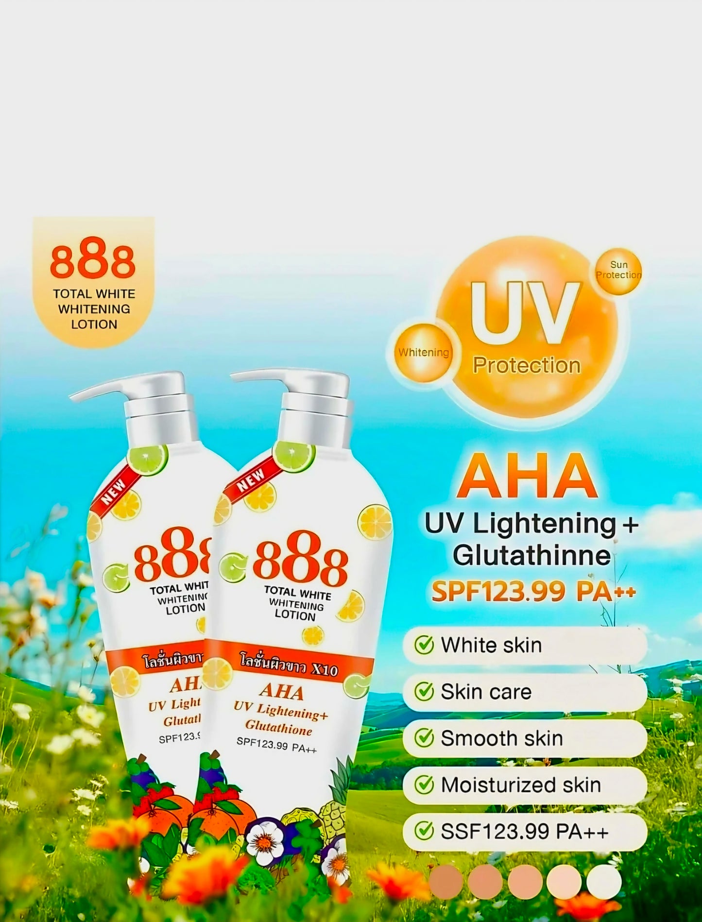 888 Total White Whitening Lotion AHA UV Lightening + Glutathione SPF123.99 PA++ 500ml