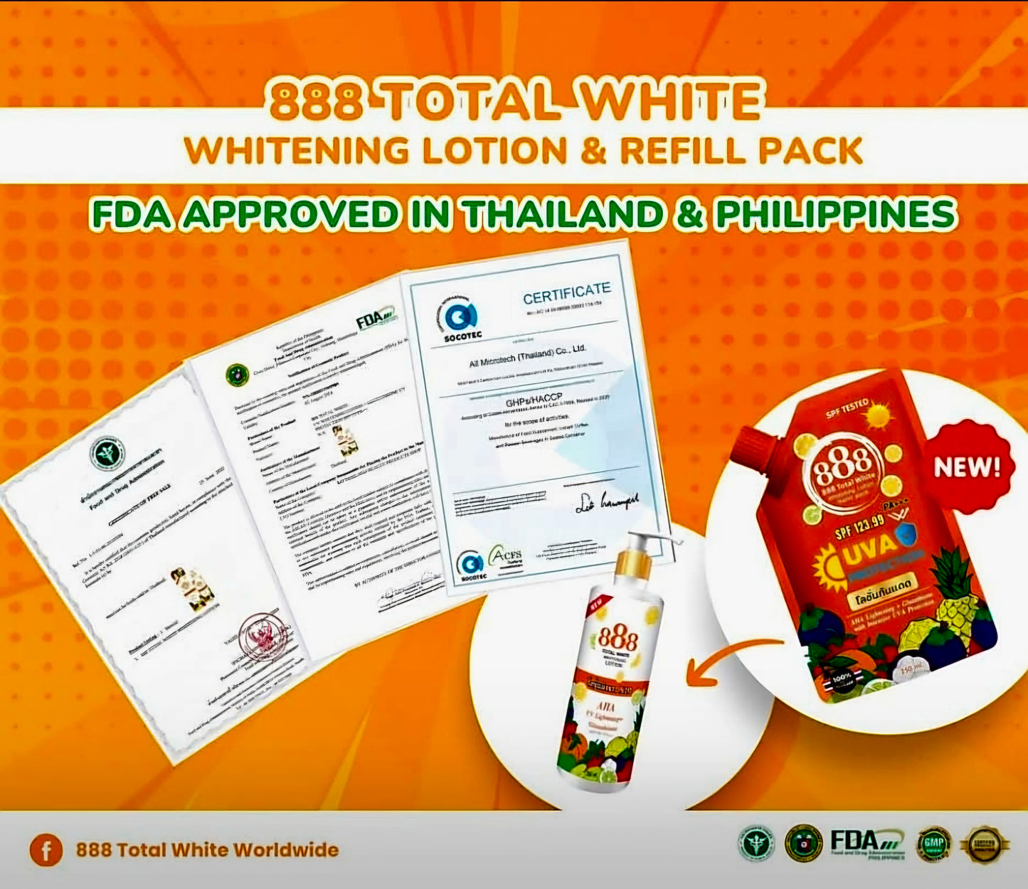 888 Total White Whitening & Sunscreen Lotion SPF123.99 PA+++ REFILL PACK 250ml