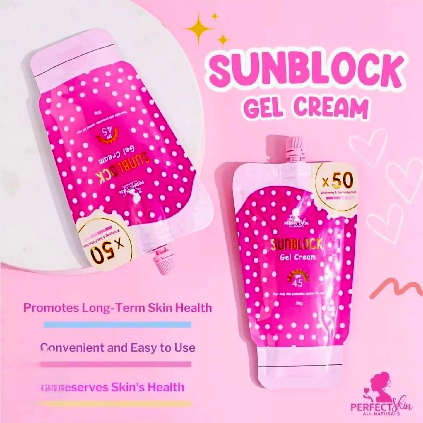 Perfect Skin SUNBLOCK GEL CREAM x50 Whitening & Sun Protection SPF45 50g (Resealable Cap)
