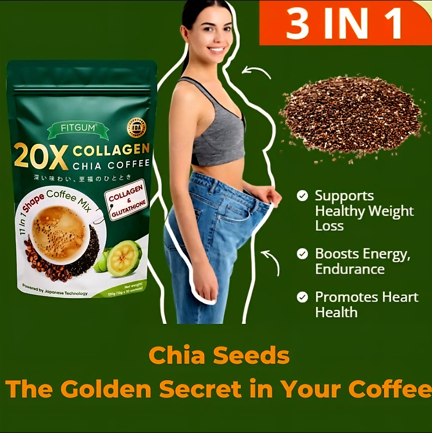 FITGUM 20X Collagen Chia Coffee 11-in-1 Shape Coffee Mix 12g×10sachets