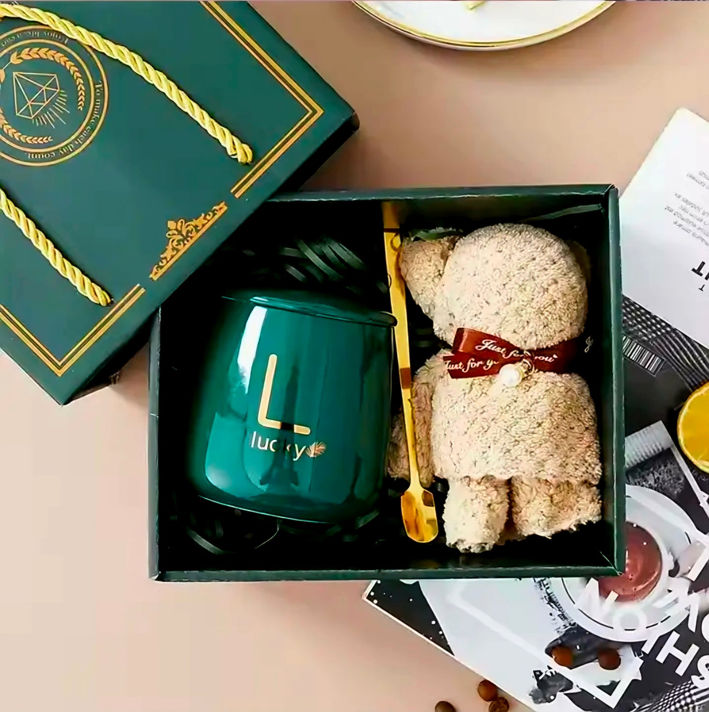 Lucky Mug with Teddy Towel Gift Set (PINK, GREEN, ORANGE, RED)