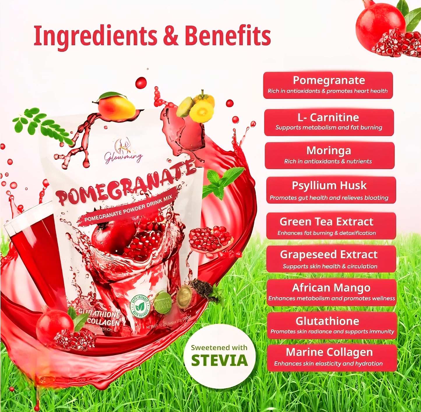 Glowming POMEGRANATE Glutathione & Collagen Drink 20g×10sachets