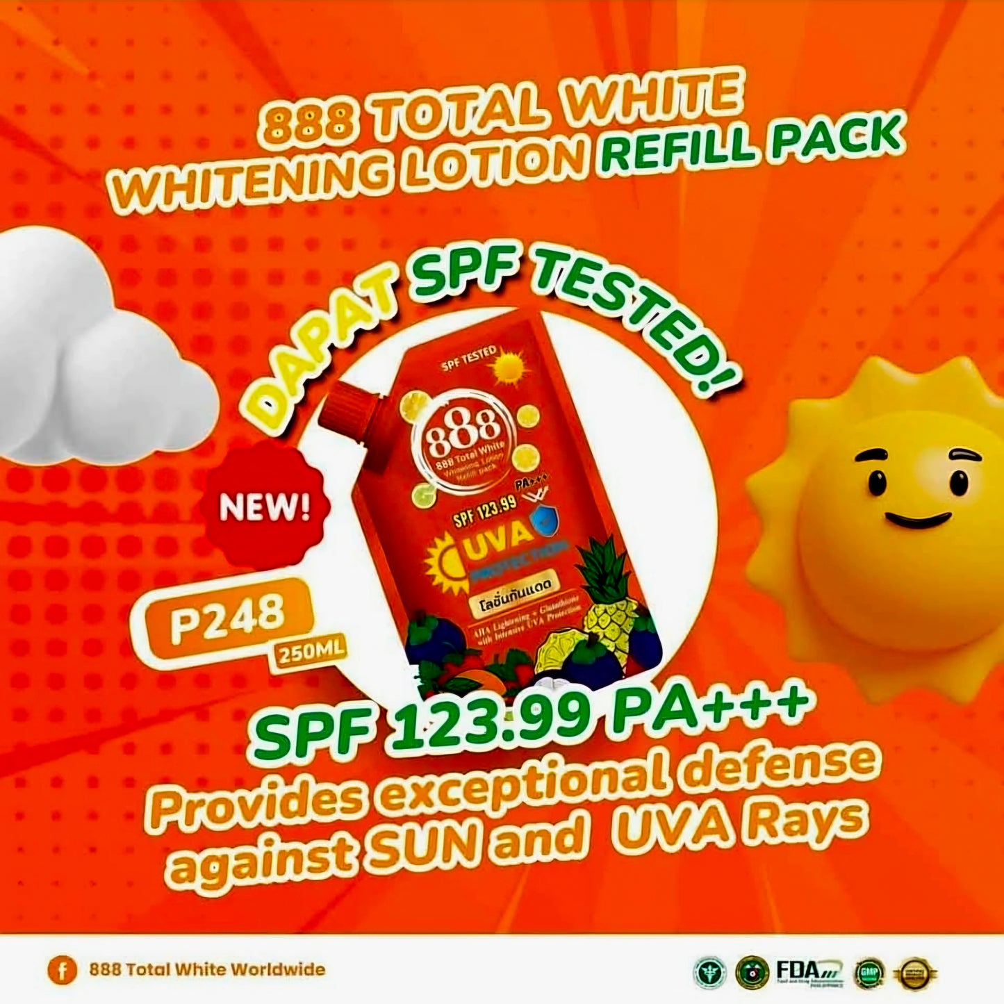 888 Total White Whitening & Sunscreen Lotion SPF123.99 PA+++ REFILL PACK 250ml