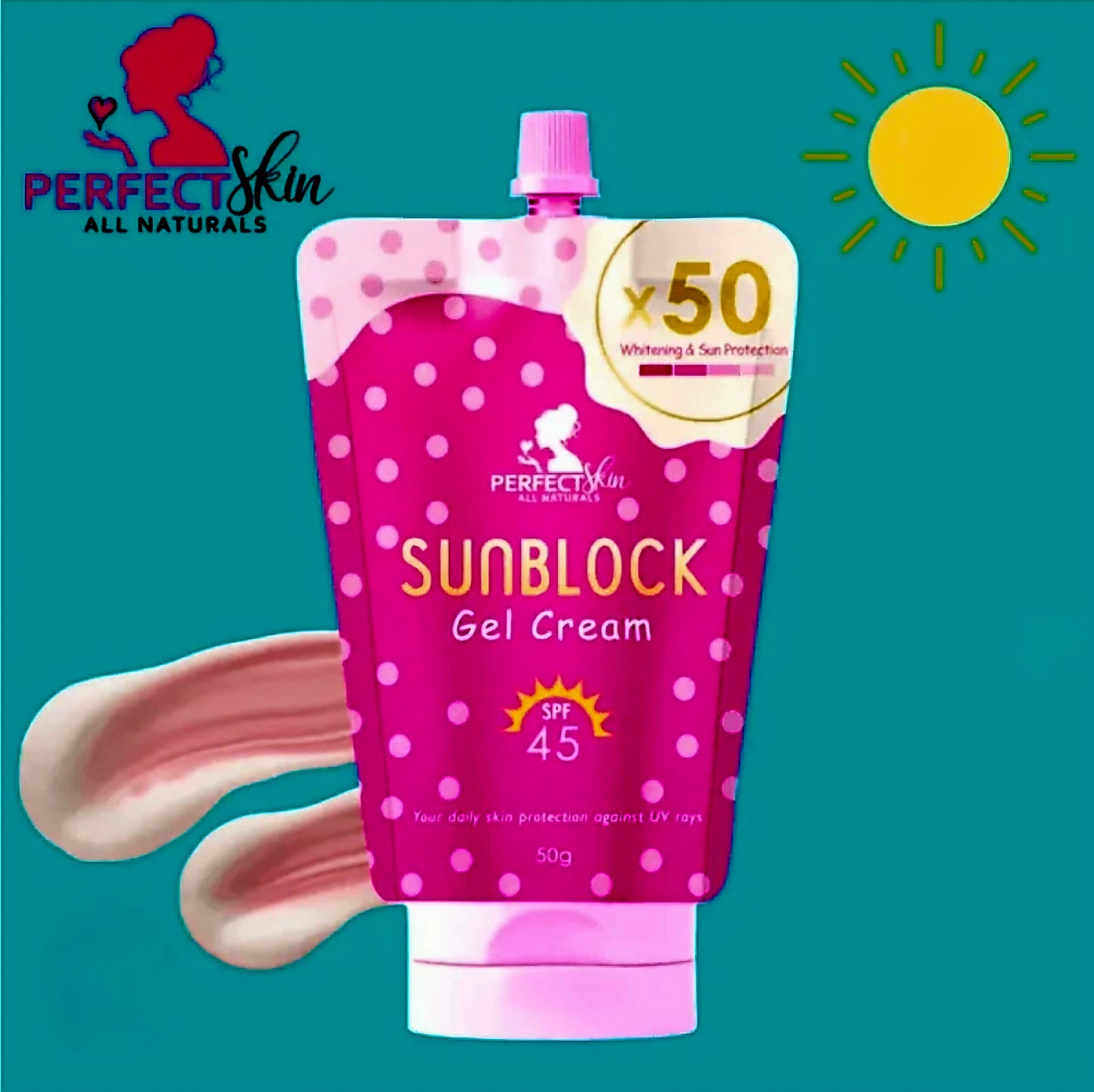 Perfect Skin SUNBLOCK GEL CREAM x50 Whitening & Sun Protection SPF45 50g (Resealable Cap)