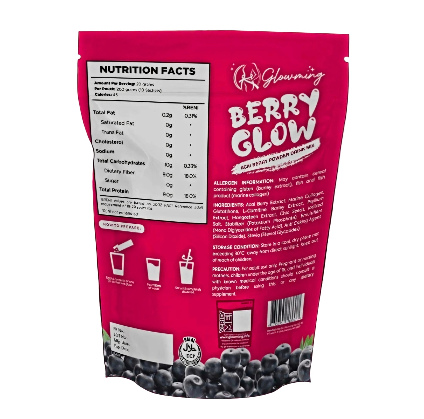 Glowming BERRY GLOW Acai Berry Glutathione & Collagen Drink 20g×10sachets