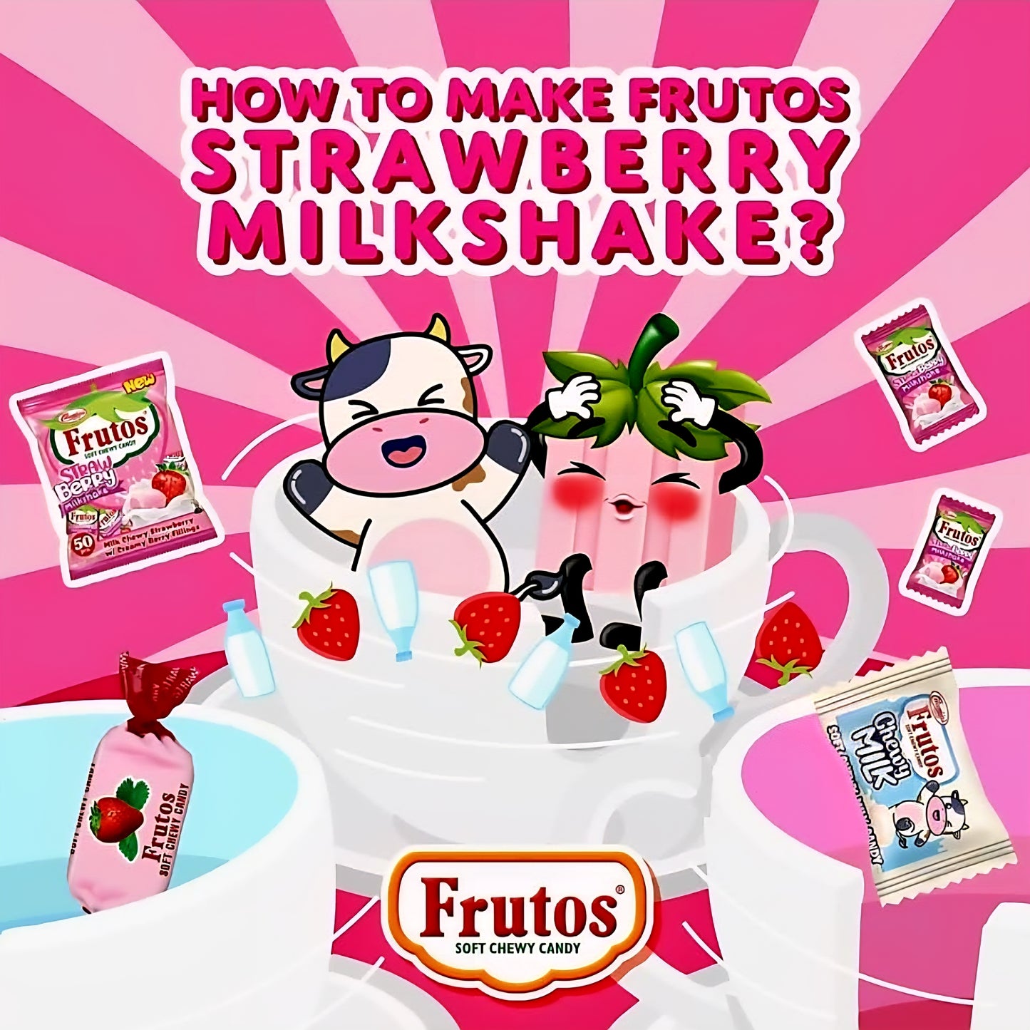 Frutos STRAWBERRY MILKSHAKE with Creamy Berry Fillings Soft Chewy Candy 50pcs Pack