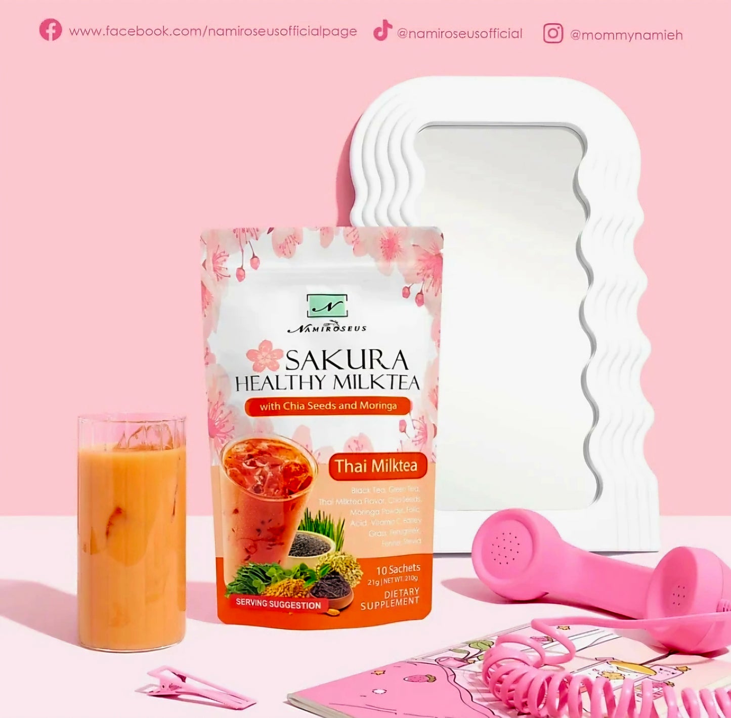 Namiroseus SAKURA HEALTHY THAI MILK TEA with CHIA Seeds & MORINGA 21g x 10-sachets