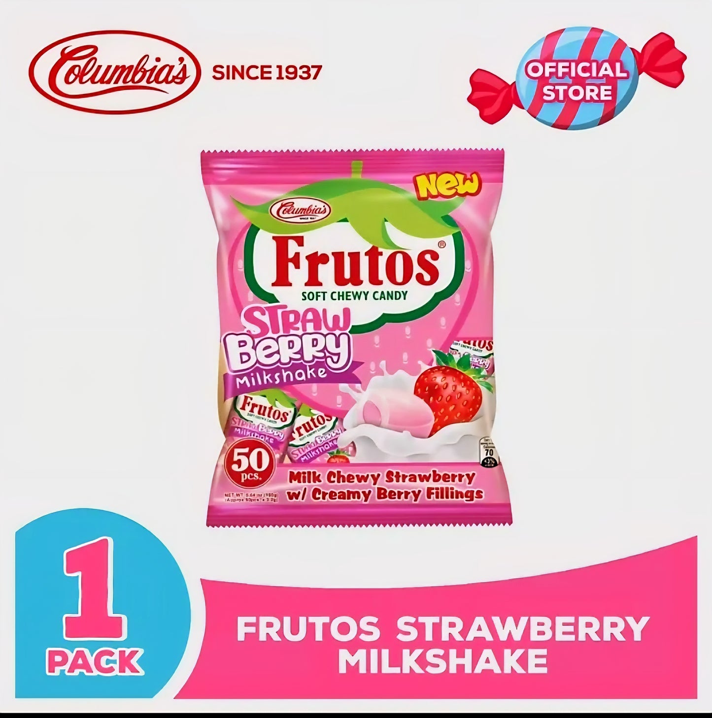 Frutos STRAWBERRY MILKSHAKE with Creamy Berry Fillings Soft Chewy Candy 50pcs Pack