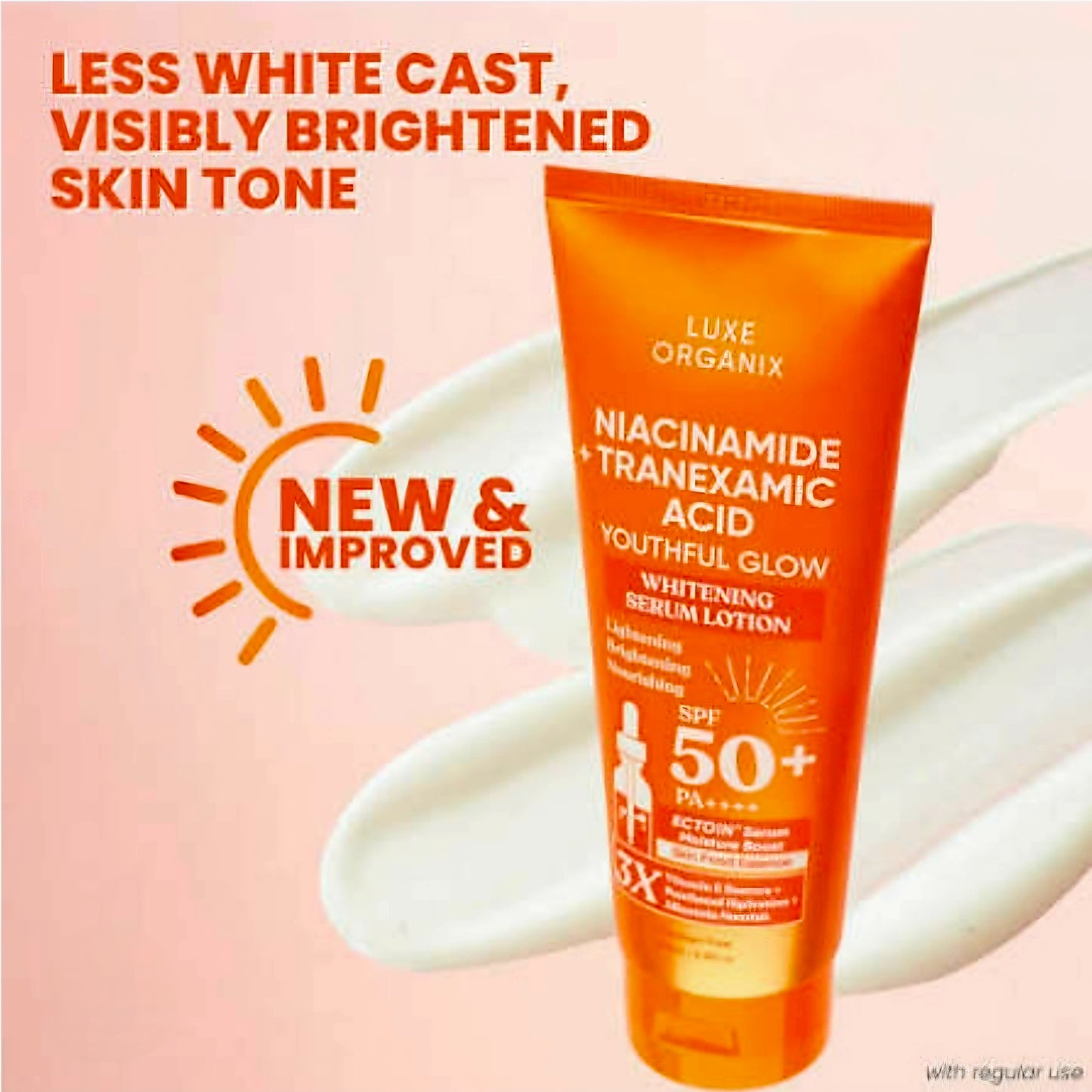 Luxe Organix Youthful Glow NIACINAMIDE + TRANEXAMIC ACID Whitening Serum Lotion SPF50 PA++++ 200ml