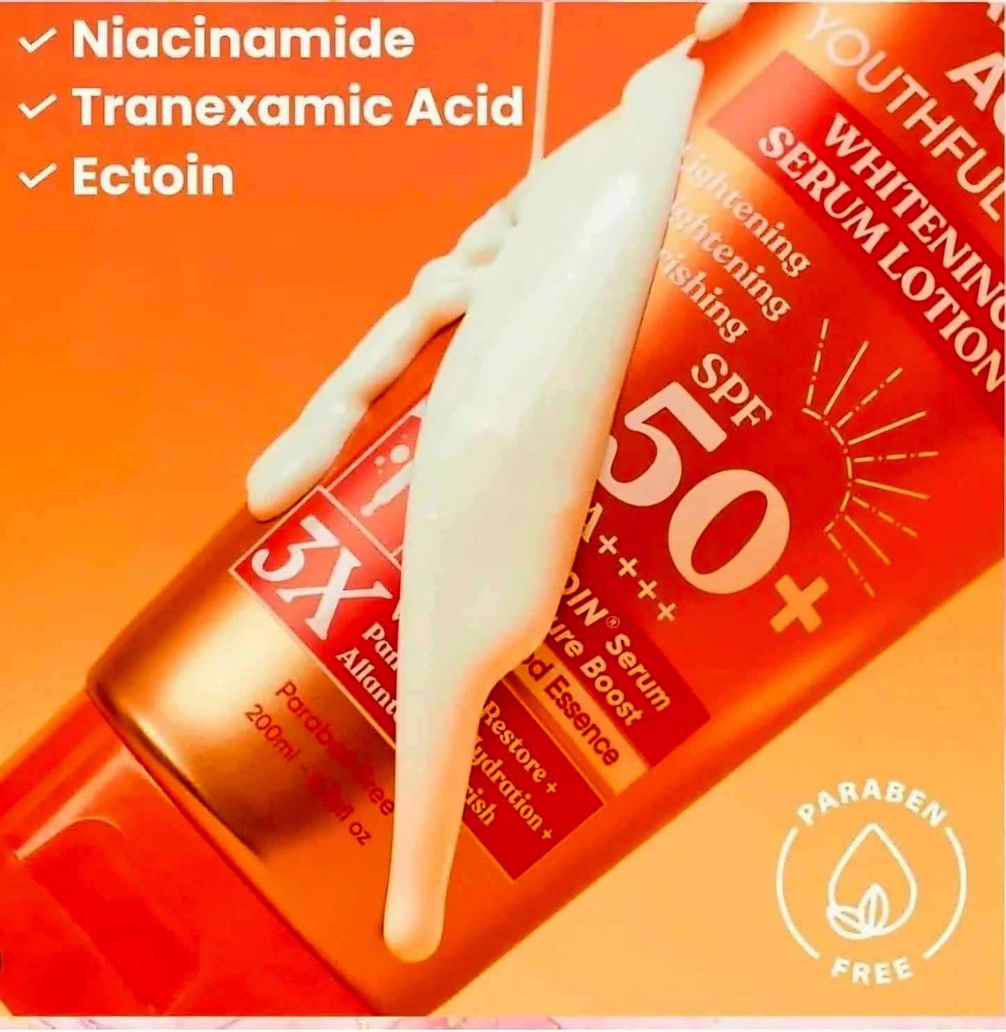 Luxe Organix Youthful Glow NIACINAMIDE + TRANEXAMIC ACID Whitening Serum Lotion SPF50 PA++++ 200ml