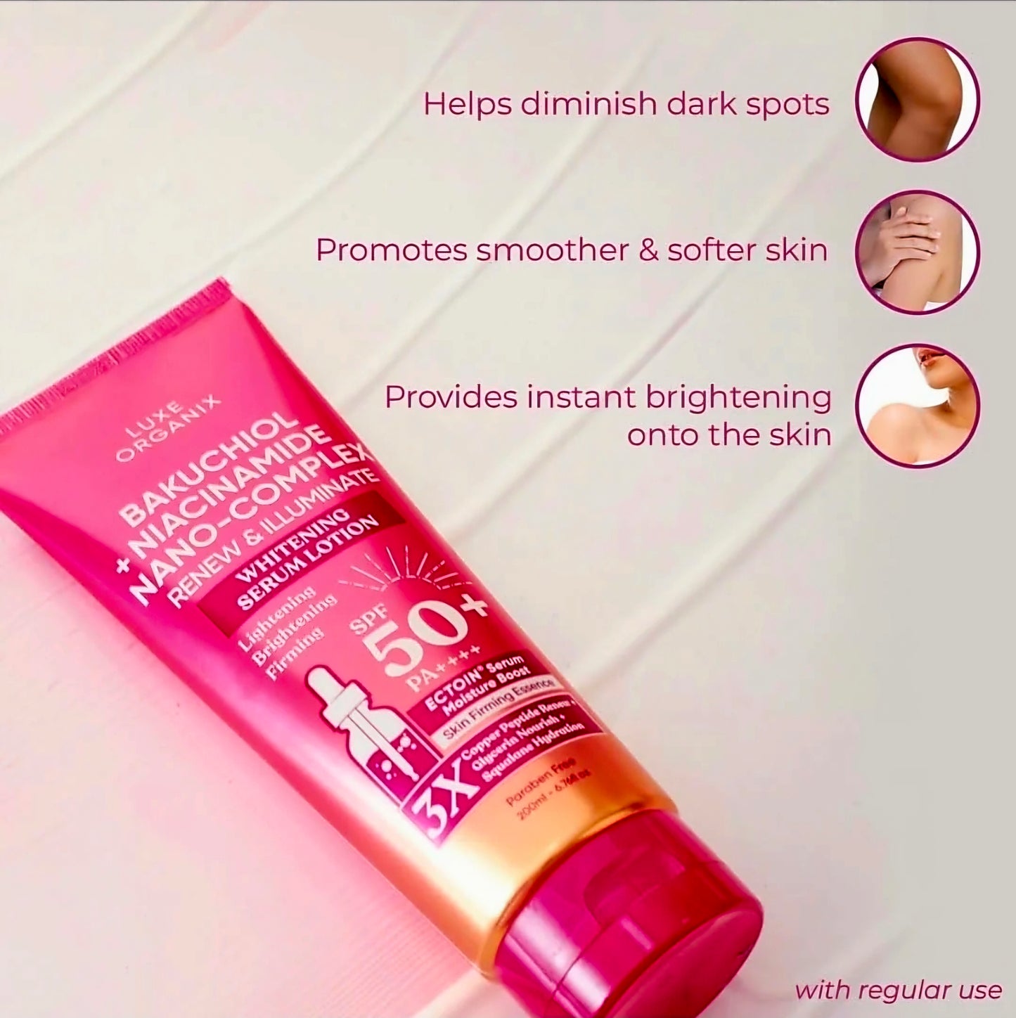 Luxe Organix BAKUCHIOL + NIACINAMIDE NANO-COMPLEX Renew & Iluminate Whitening Serum Lotion 200ml