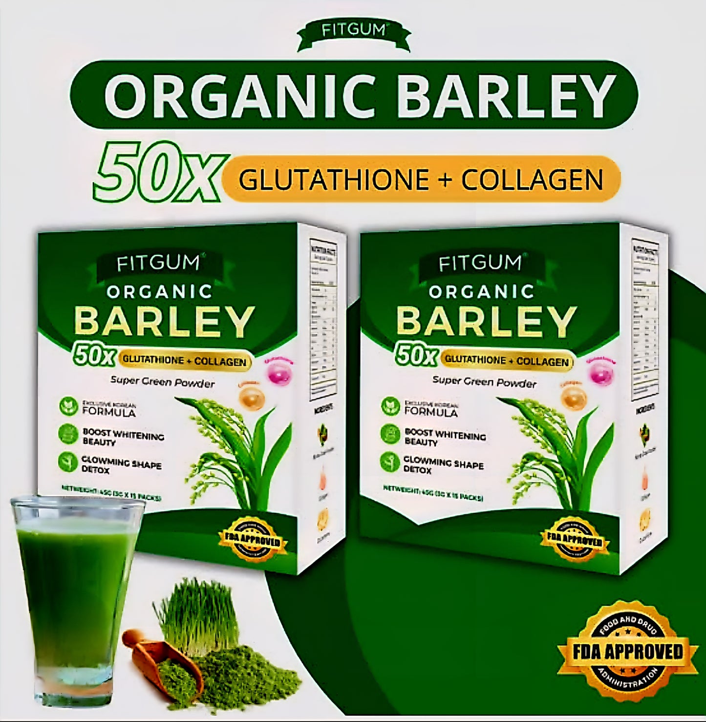 FITGUM Organic Barley 50x Glutathione + Collagen 3g×15sachets (45g)