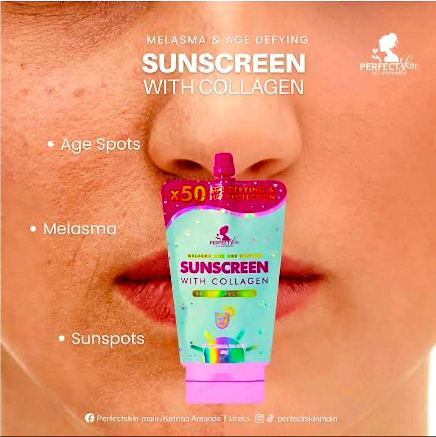 Perfect Skin SUNSCREEN WITH COLLAGEN x50 Age Defying Sun Protection SPF45 50g (Resealable Cap)