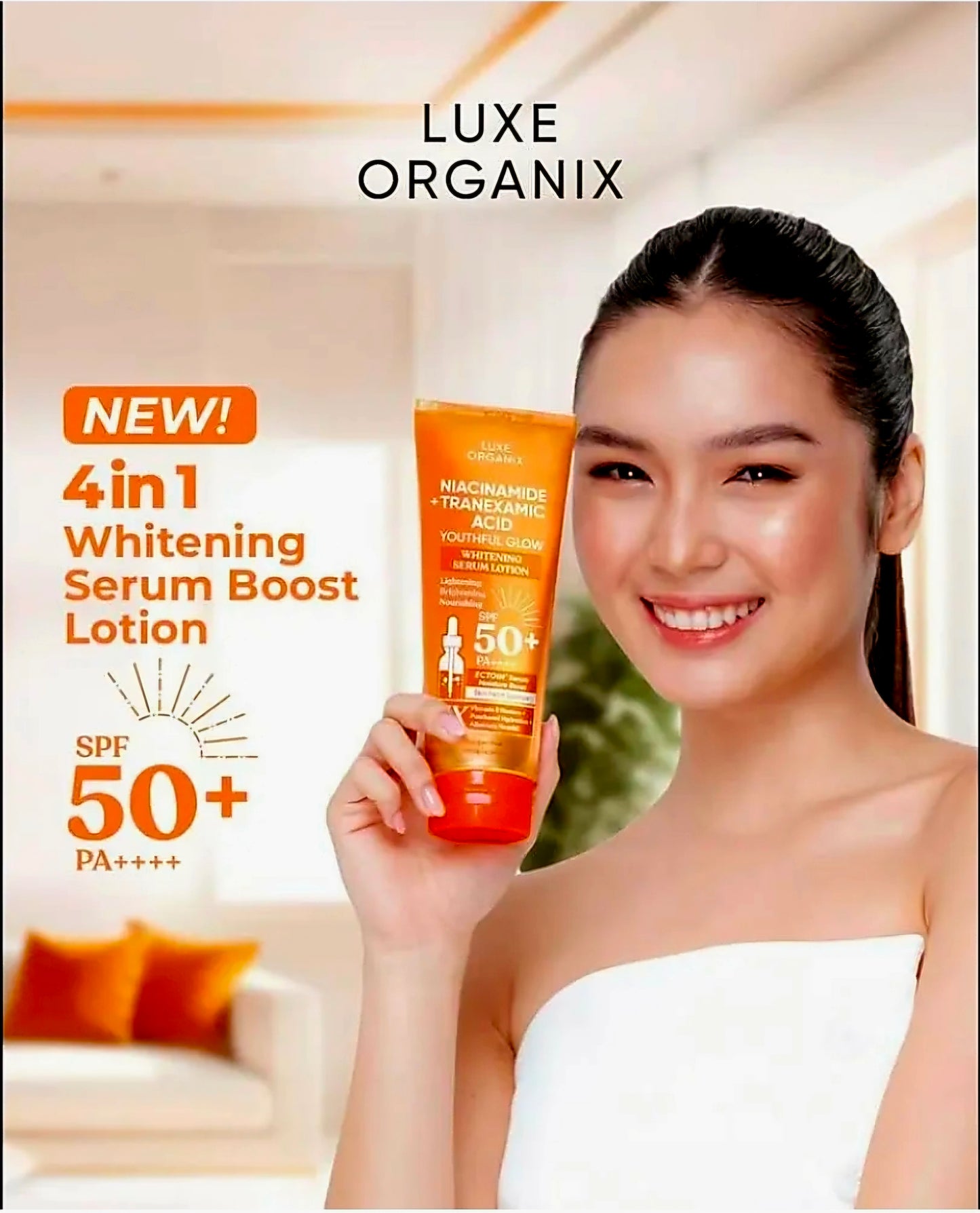 Luxe Organix Youthful Glow NIACINAMIDE + TRANEXAMIC ACID Whitening Serum Lotion SPF50 PA++++ 200ml