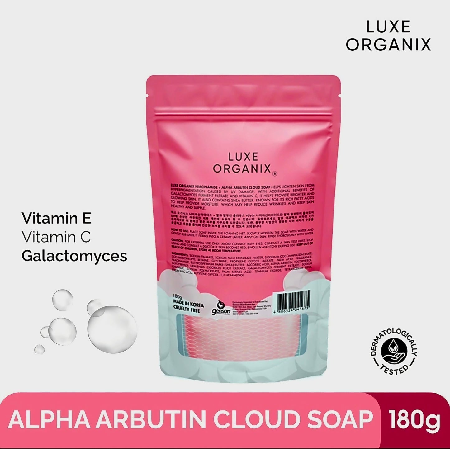 Luxe Organix NIACINAMIDE ALPHA ARBUTIN Cloud Soap (Foaming Net) 180g SINGLE PACK
