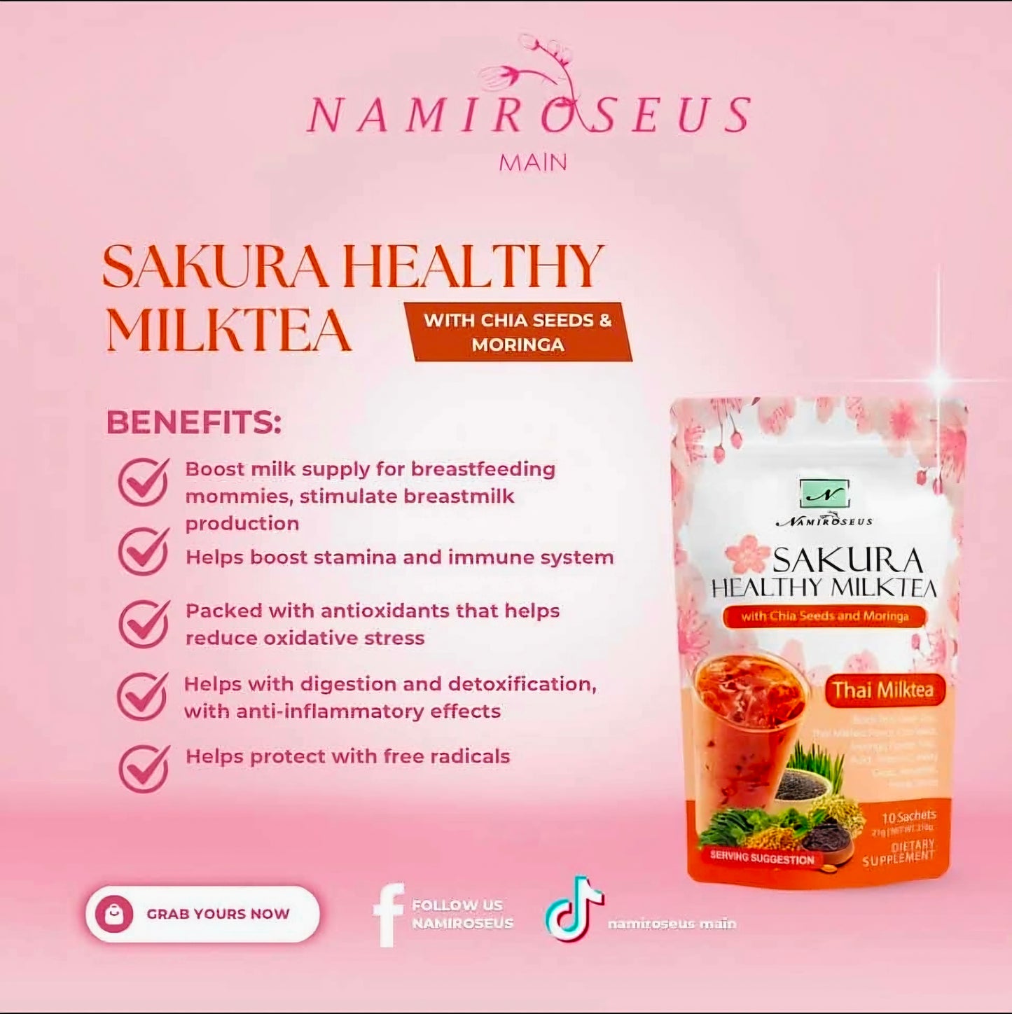 Namiroseus SAKURA HEALTHY THAI MILK TEA with CHIA Seeds & MORINGA 21g x 10-sachets