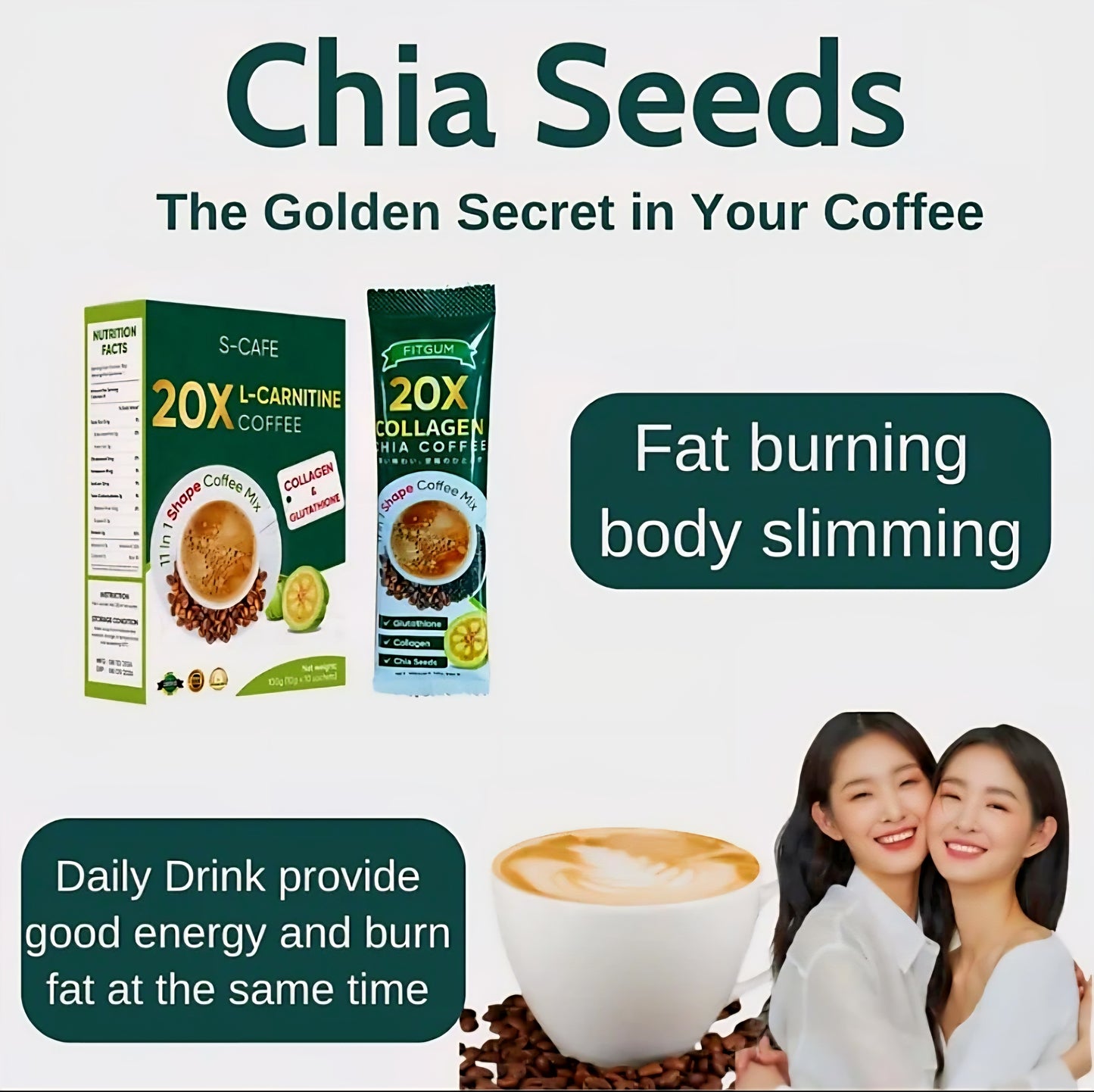 FITGUM 20X Collagen Chia Coffee 11-in-1 Shape Coffee Mix 12g×10sachets