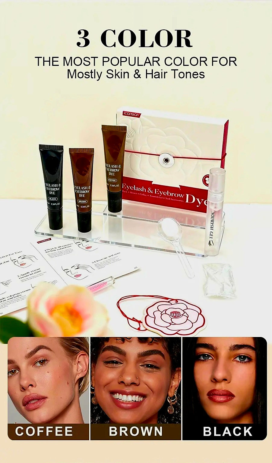 Iconsign DIY EYELASH & EYEBROW DYE SET with 3 Colours (Black, Brown, Coffee)