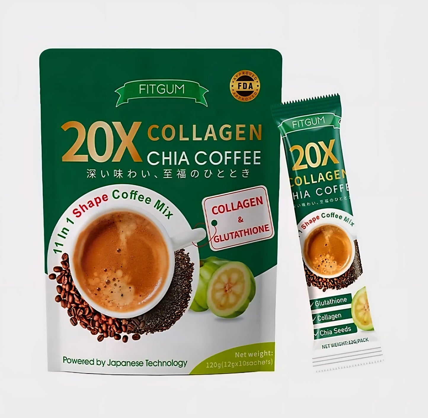 FITGUM 20X Collagen Chia Coffee 11-in-1 Shape Coffee Mix 12g×10sachets