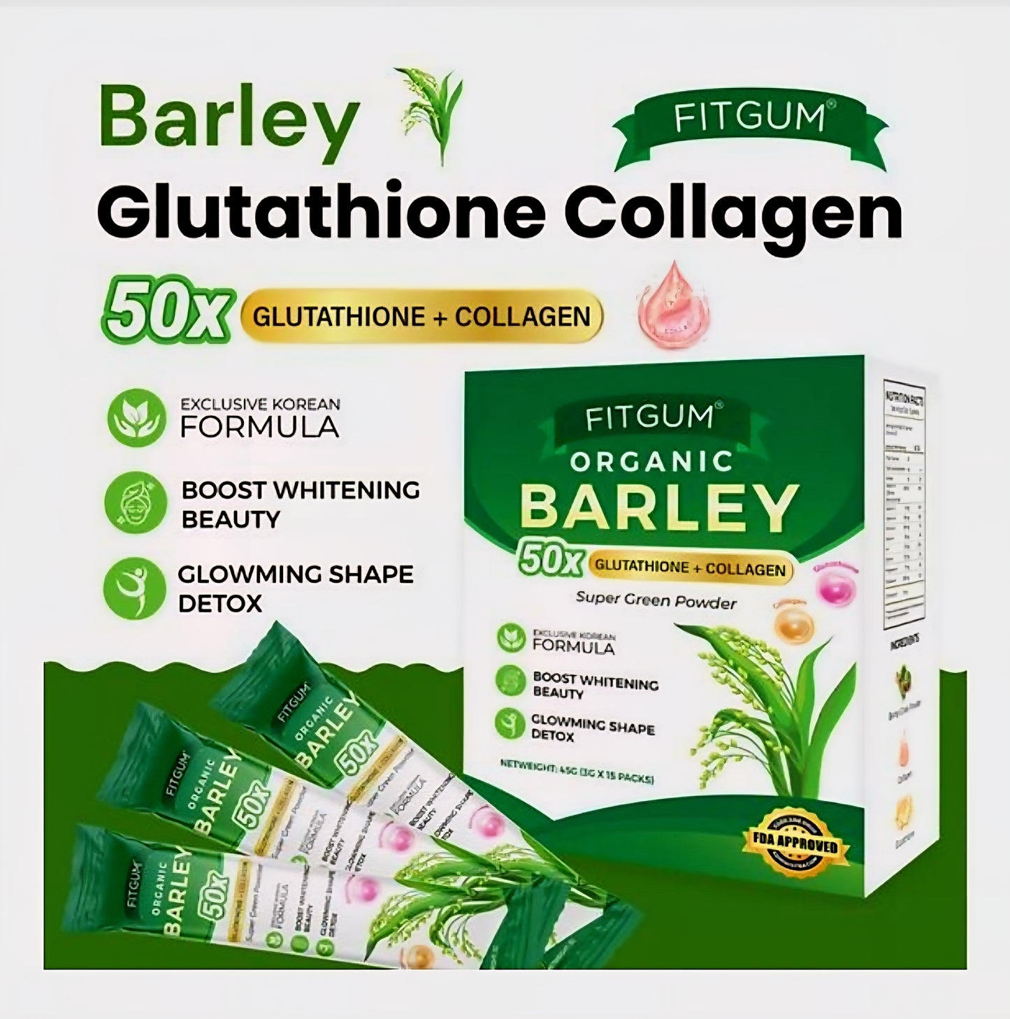 FITGUM Organic Barley 50x Glutathione + Collagen 3g×15sachets (45g)