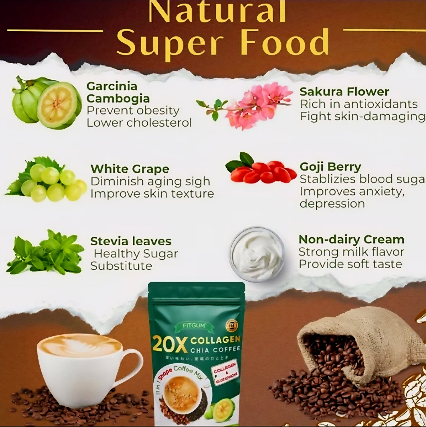 FITGUM 20X Collagen Chia Coffee 11-in-1 Shape Coffee Mix 12g×10sachets