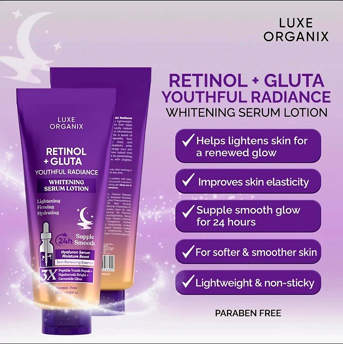 Luxe Organix RETINOL + GLUTATHIONE Youthful Radiance Whitening Serum Lotion 350ml