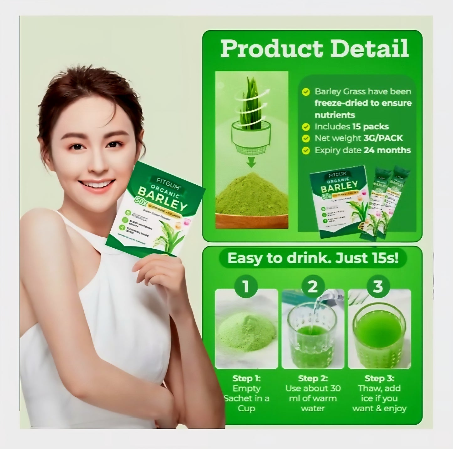 FITGUM Organic Barley 50x Glutathione + Collagen 3g×15sachets (45g)