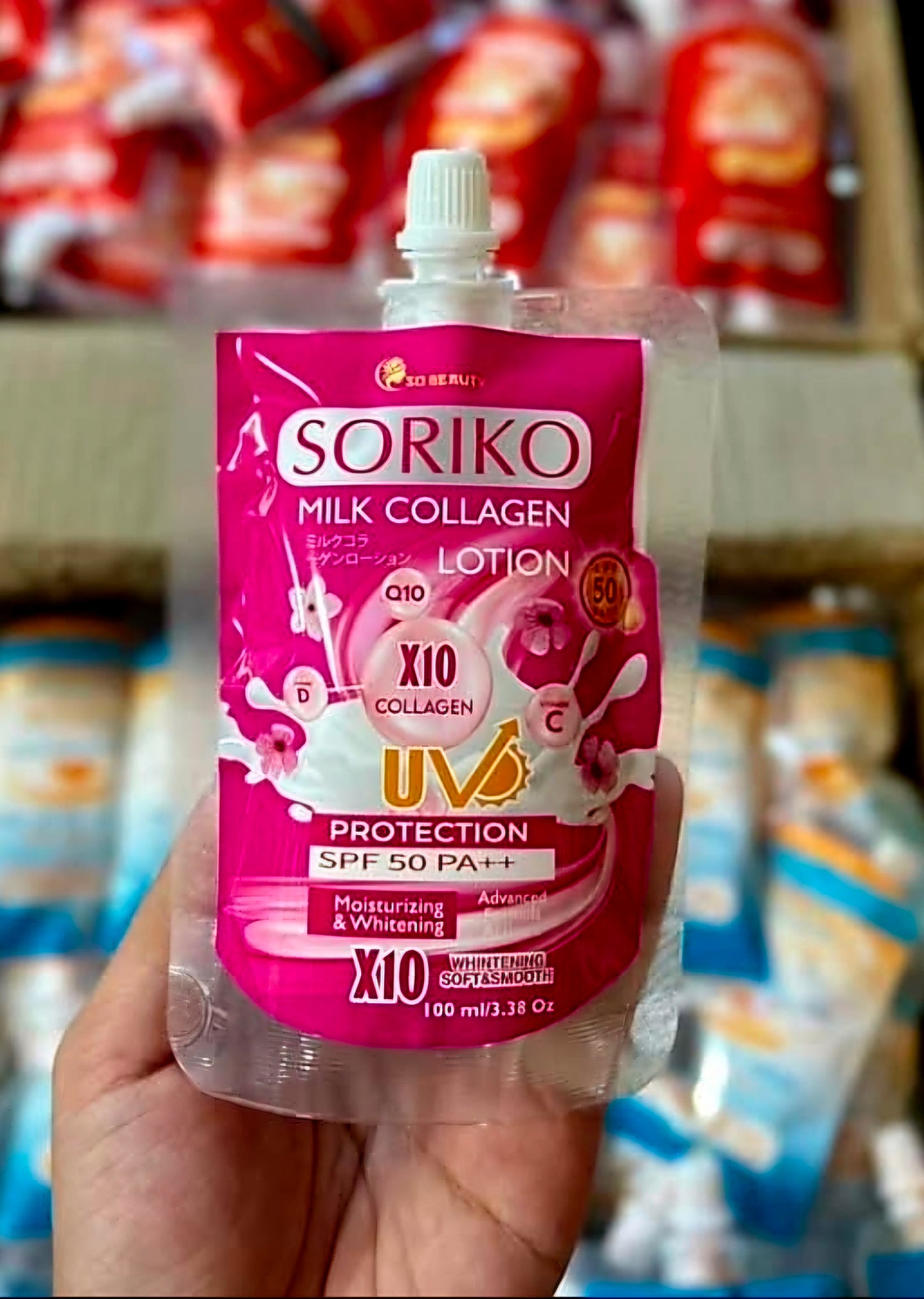 So Beauty SORIKO Milk X10 Collagen Q10 SPF50 PA+++ Lotion 100g TRIAL SIZE POUCH (Thailand)