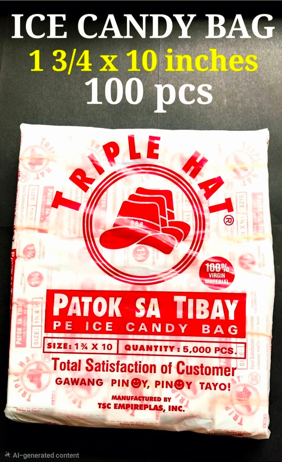 Triple Hat ICE CANDY BAG 100-sheets pack size: W: 1¾" x L: 10"
