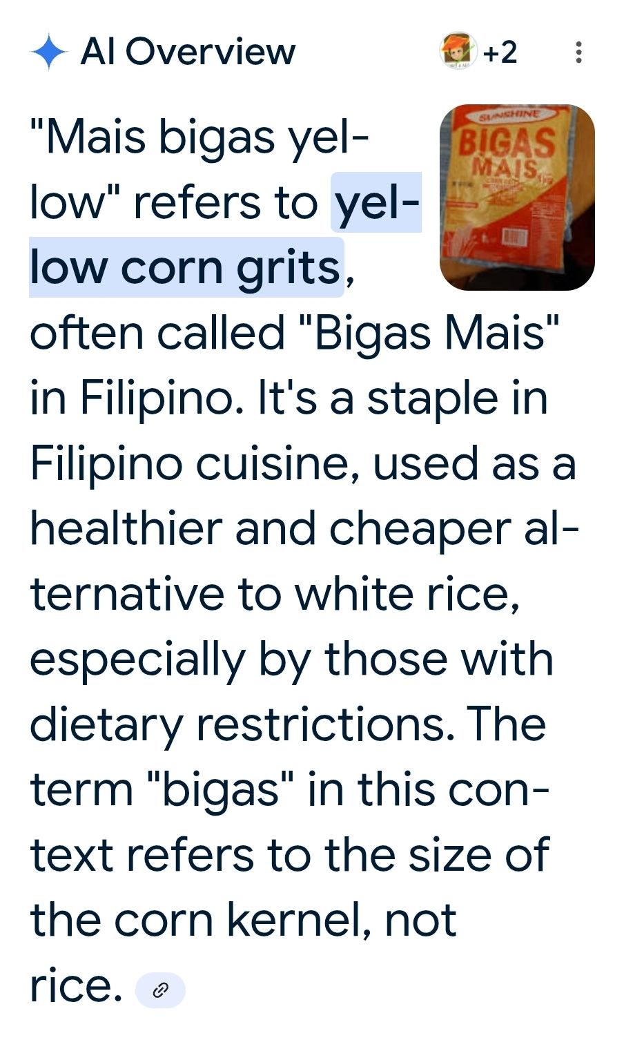 Sunshine MAIS BIGAS (Yellow) Corn Grits 1-KILO Bag