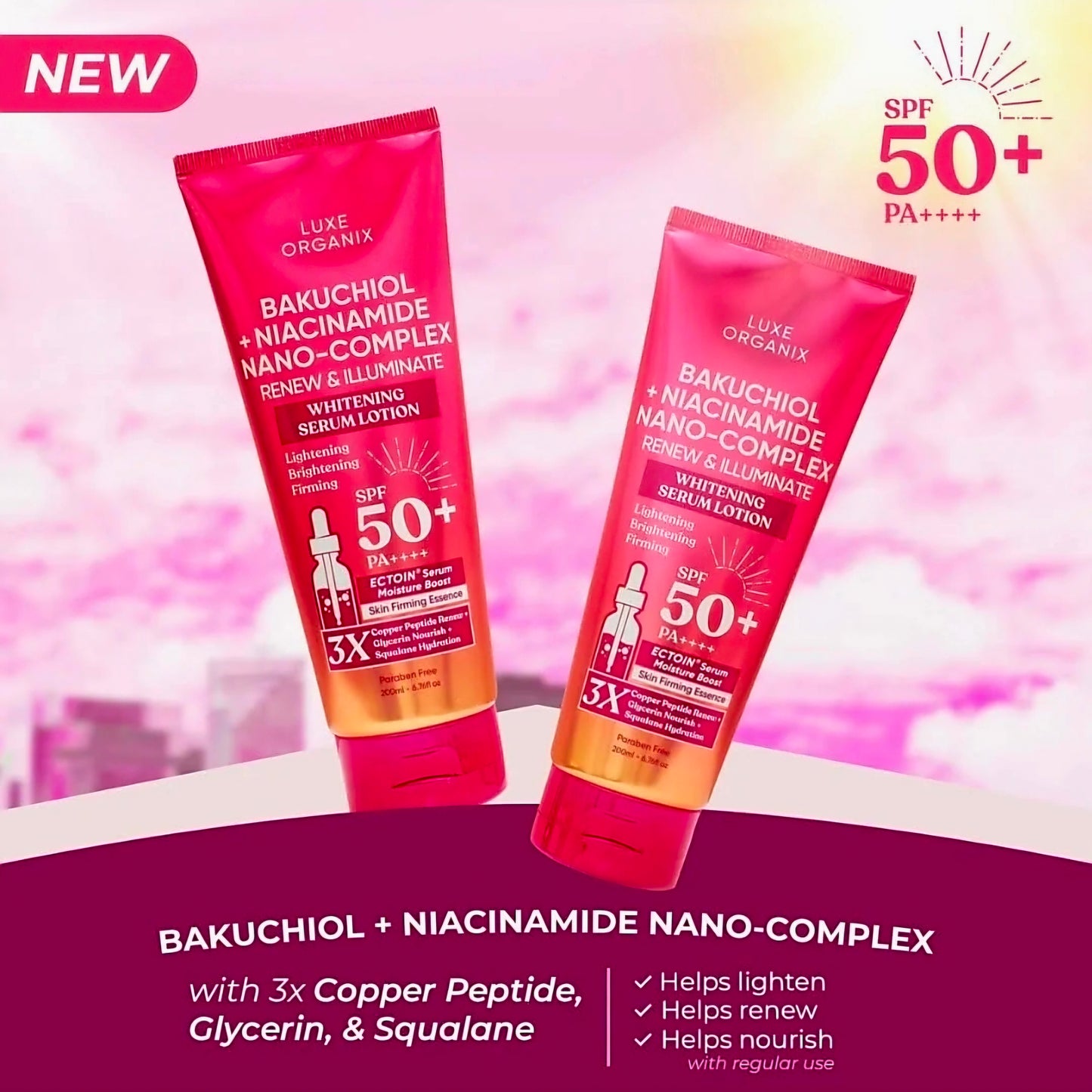 Luxe Organix BAKUCHIOL + NIACINAMIDE NANO-COMPLEX Renew & Iluminate Whitening Serum Lotion 200ml