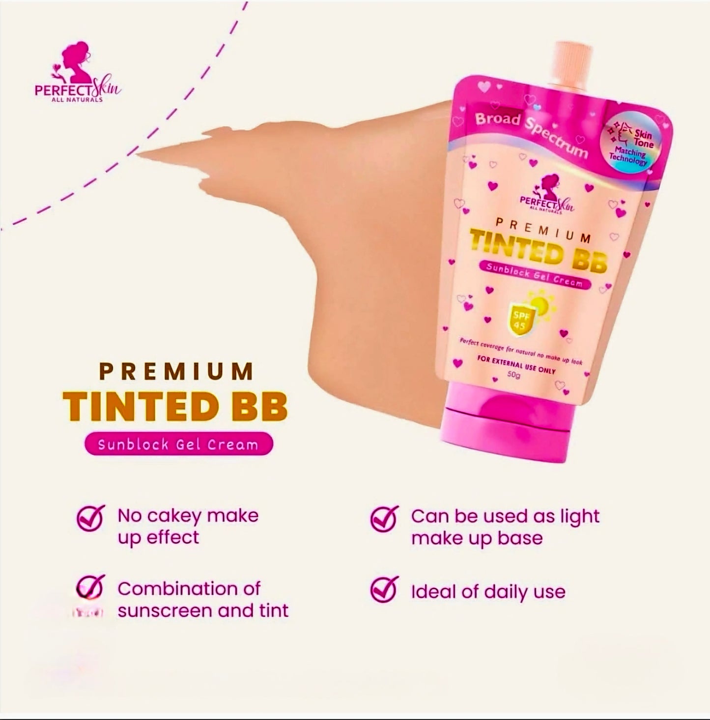 Perfect Skin PREMIUM TINTED BB Sunblock Gel Cream SPF45 50g (Resealable Cap)