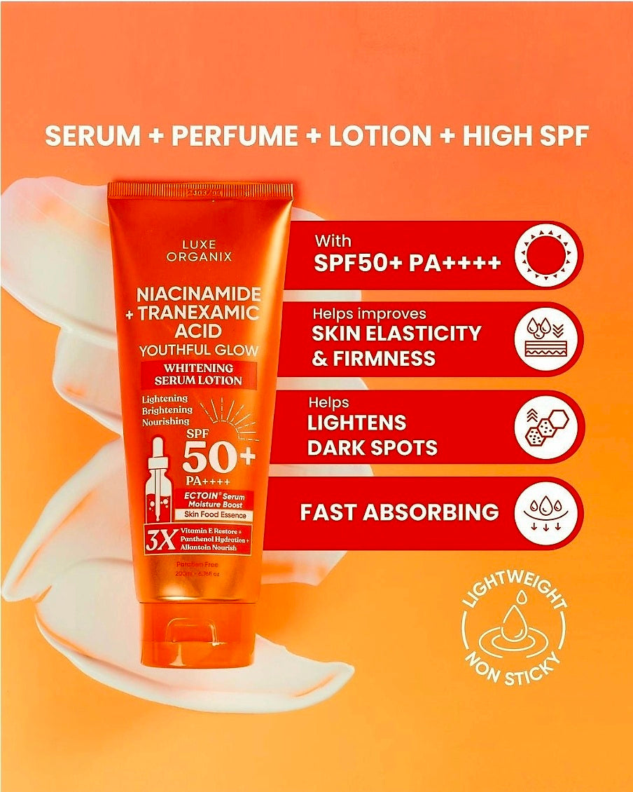 Luxe Organix Youthful Glow NIACINAMIDE + TRANEXAMIC ACID Whitening Serum Lotion SPF50 PA++++ 200ml