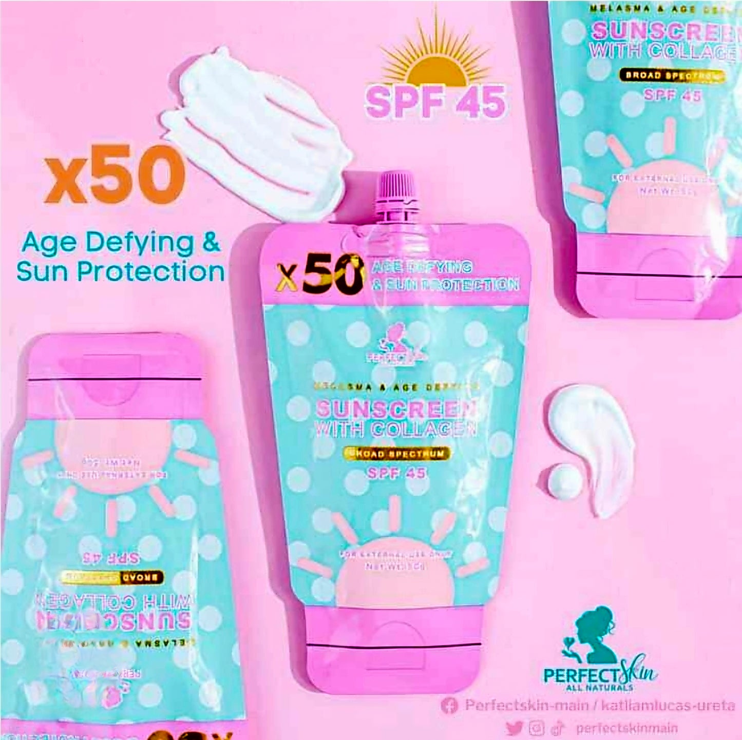 Perfect Skin SUNSCREEN WITH COLLAGEN x50 Age Defying Sun Protection SPF45 50g (Resealable Cap)