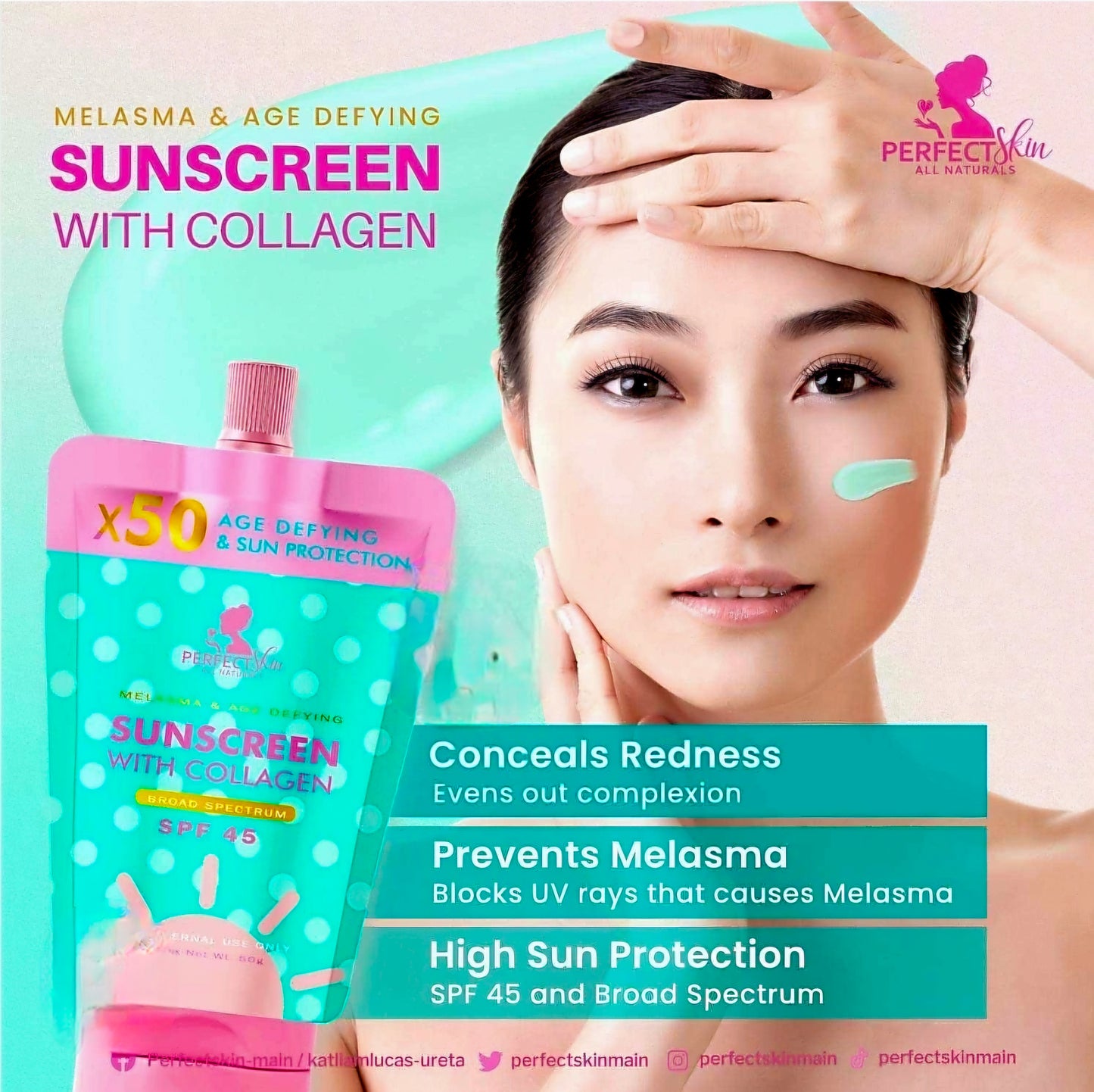 Perfect Skin SUNSCREEN WITH COLLAGEN x50 Age Defying Sun Protection SPF45 50g (Resealable Cap)