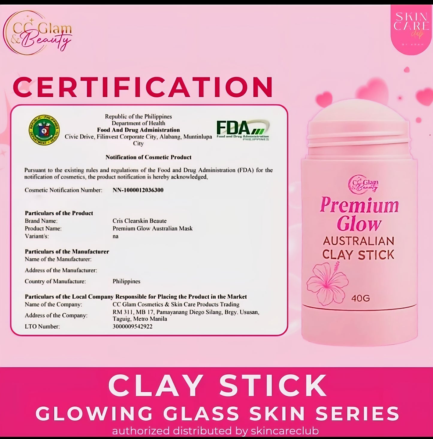 Premium Glow AUSTRALIAN CLAY STICK by CC Glam & Beauty 40g